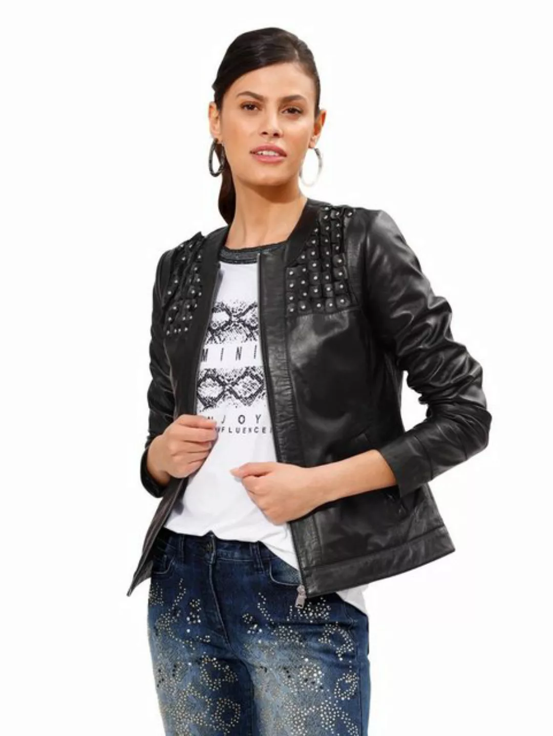 Amy Vermont Lederjacke • Bikerjacke mit Nieten-Applikation auf der Passe günstig online kaufen