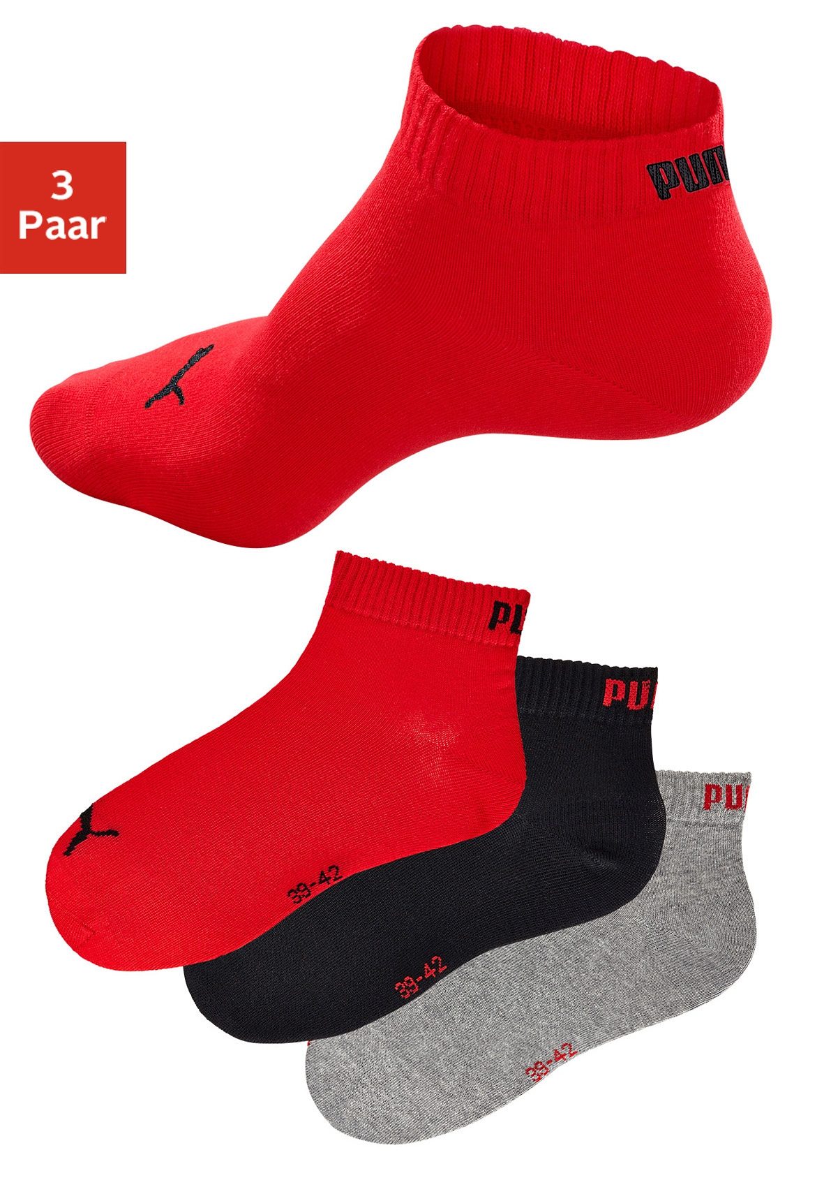 PUMA Unisex Socken, 3er Pack - Quarter, Sneaker Schwarz/Weiß/Grau 43-46 günstig online kaufen