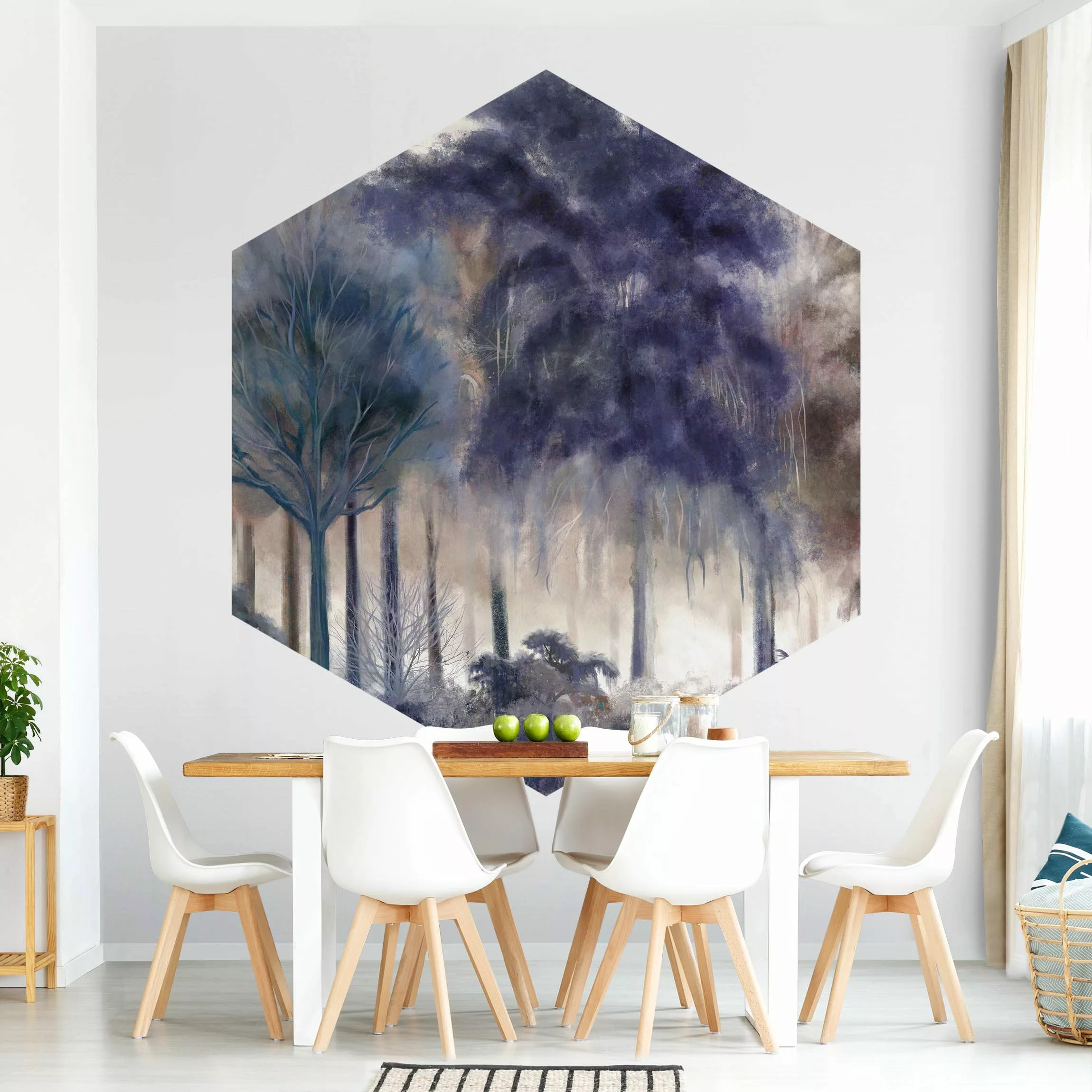 Hexagon Tapete selbstklebend Blaue Wald Malerei günstig online kaufen