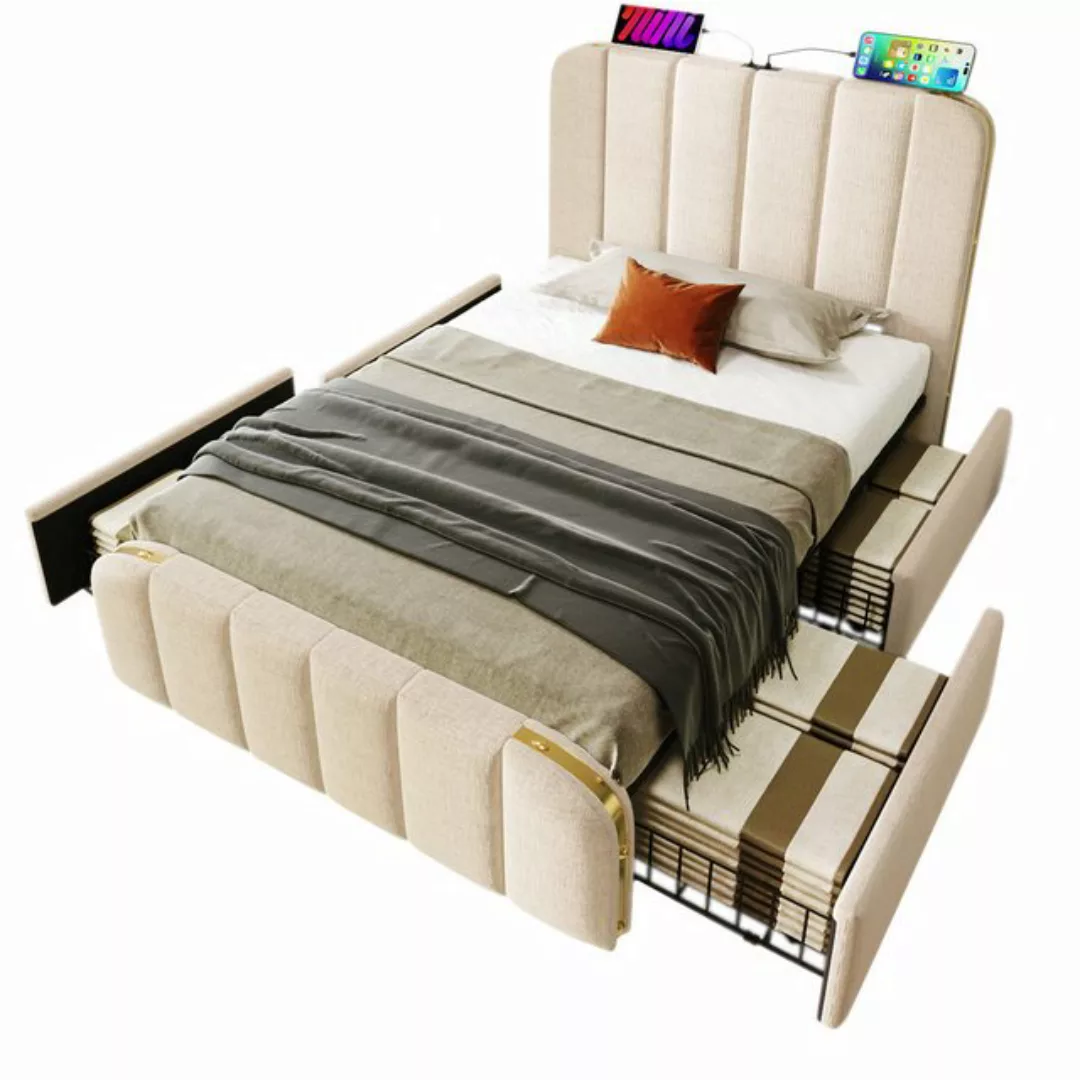 Gotagee Polsterbett Einzelbett Beige Leinen mit 4 Schubladen USB Typ-C 90x2 günstig online kaufen