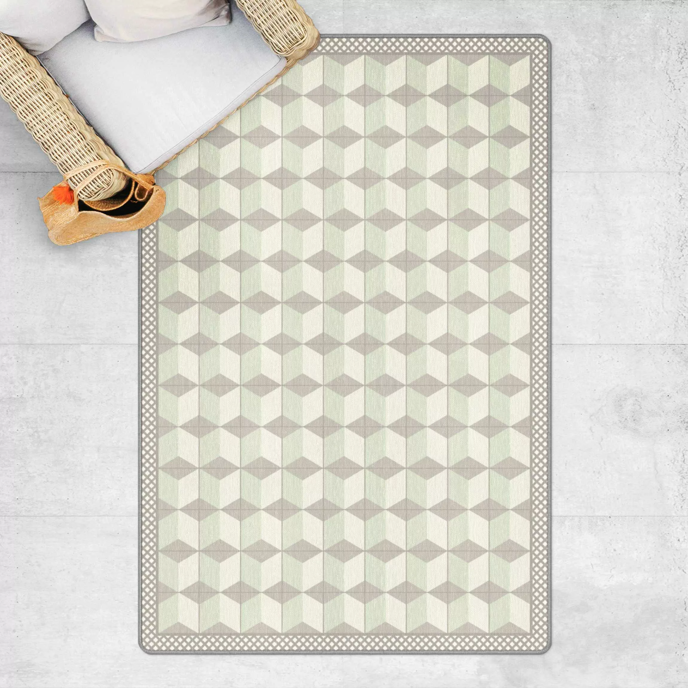 Teppich Geometrische Fliesen Stufenillusion in Mintgrün mit Bordüre günstig online kaufen