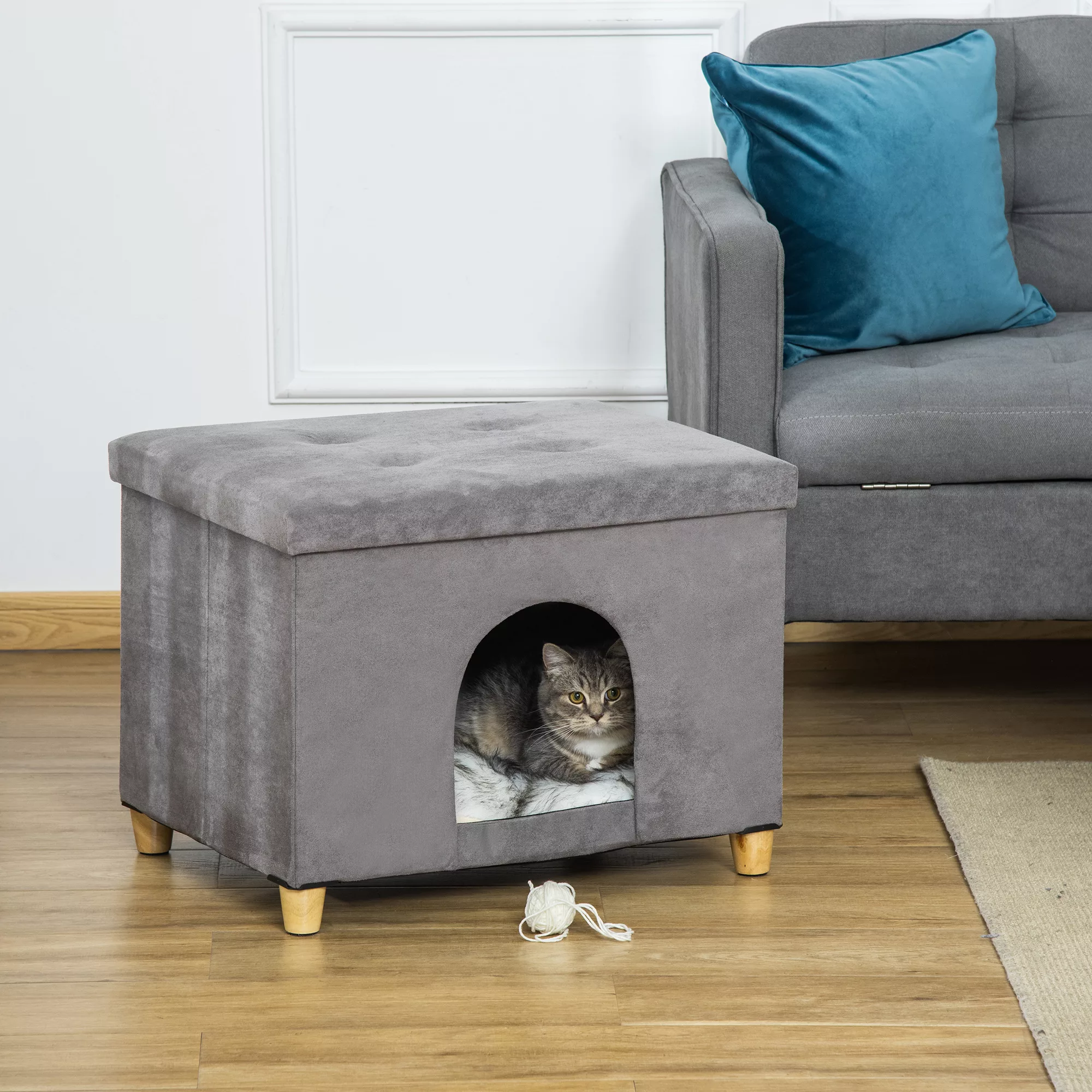 PawHut 2-IN-1 Katzenhöhle Fußhocker mit Kissen Holzbeine Katzenhaus Katzenk günstig online kaufen