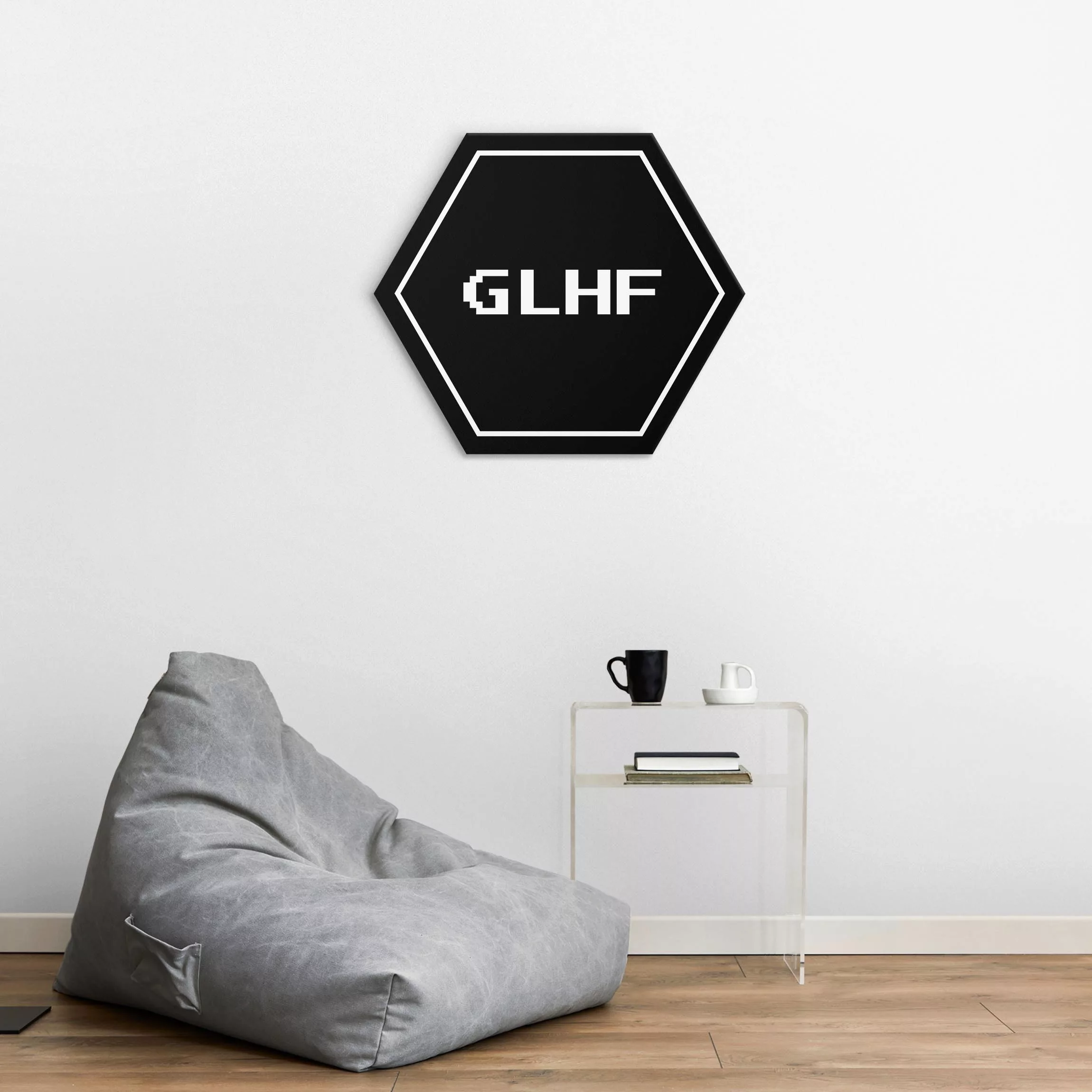 Hexagon-Alu-Dibond Bild Gaming Kürzel GLHF in Schwarz günstig online kaufen