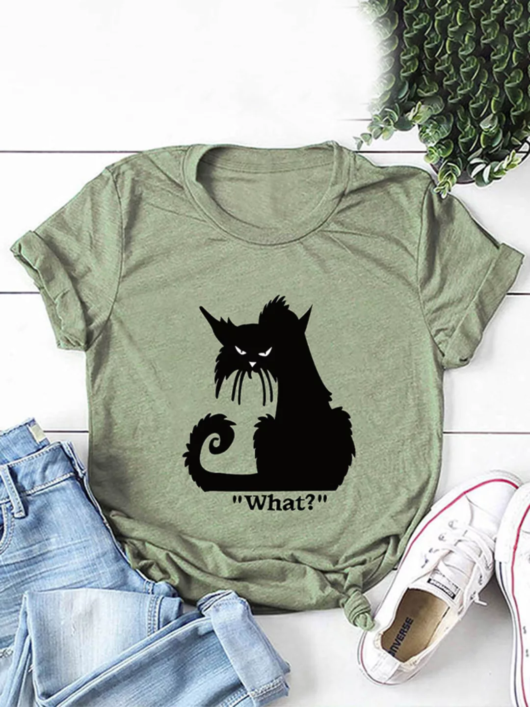 Cartoon Katze Bedrucktes Kurzarm-T-Shirt mit O-Ausschnitt für Damen günstig online kaufen