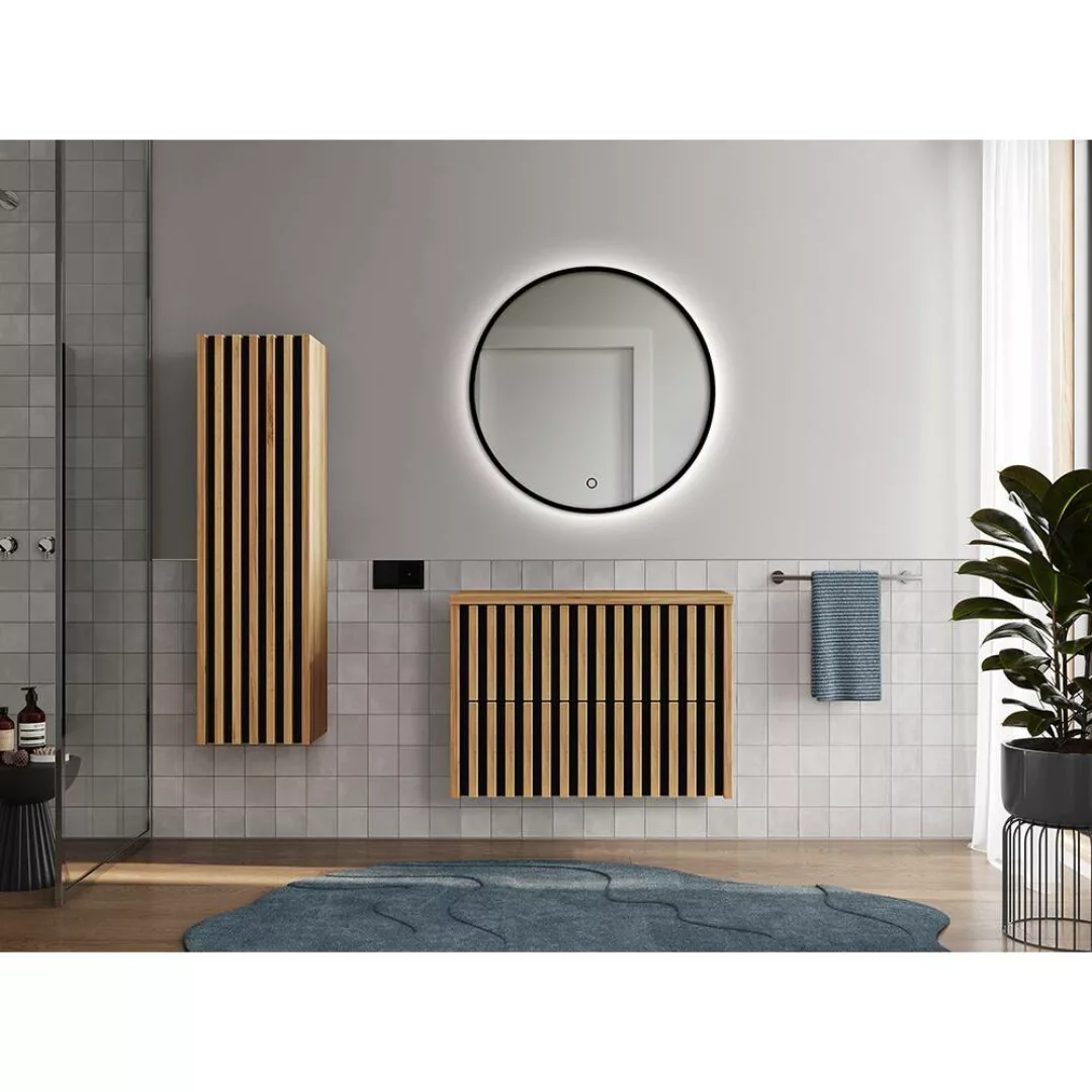 Badezimmermöbel Komplett Set LUCCA-107 in Eiche Nb. und schwarz mit Lamelle günstig online kaufen