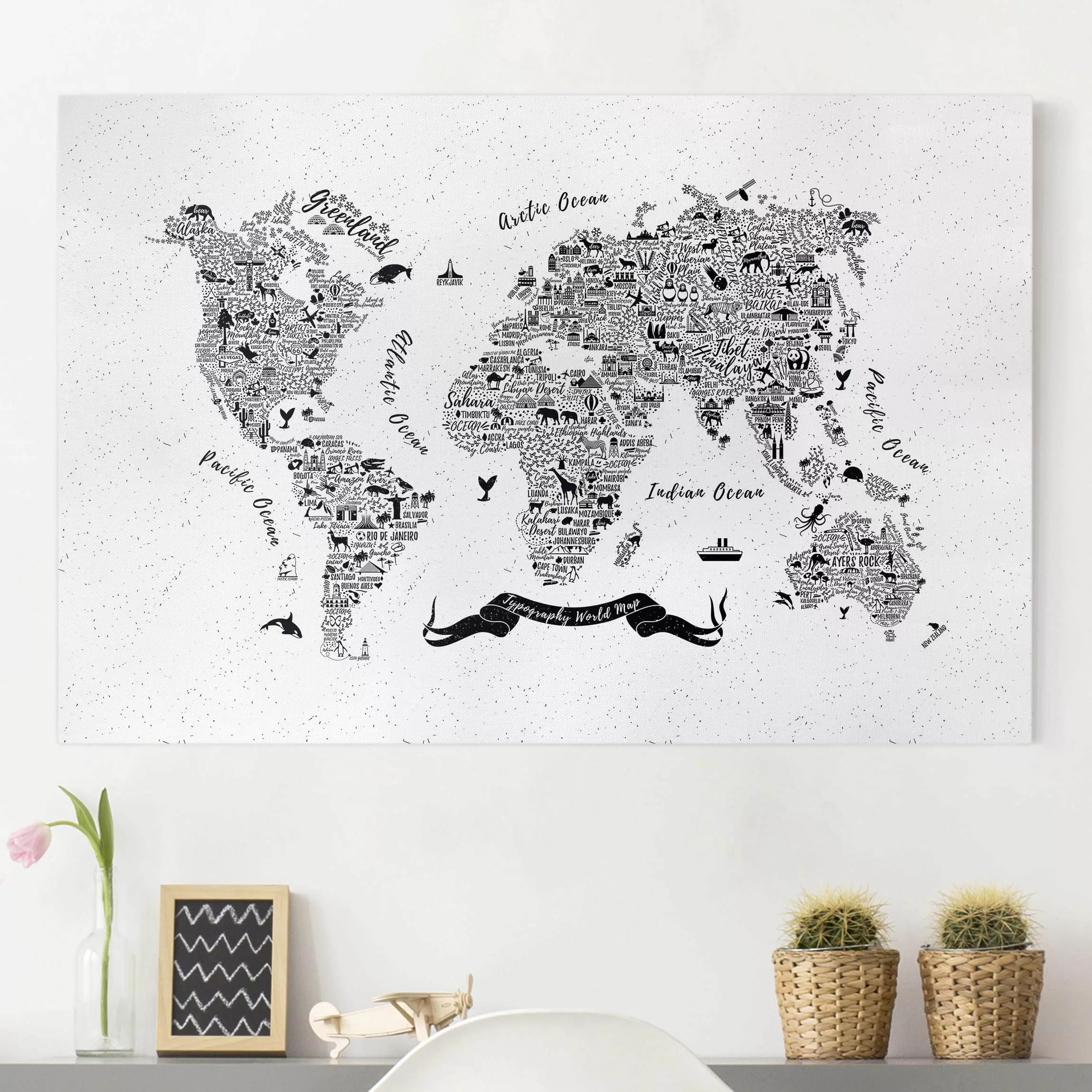 Leinwandbild Weltkarte - Querformat Typografie Weltkarte weiß günstig online kaufen