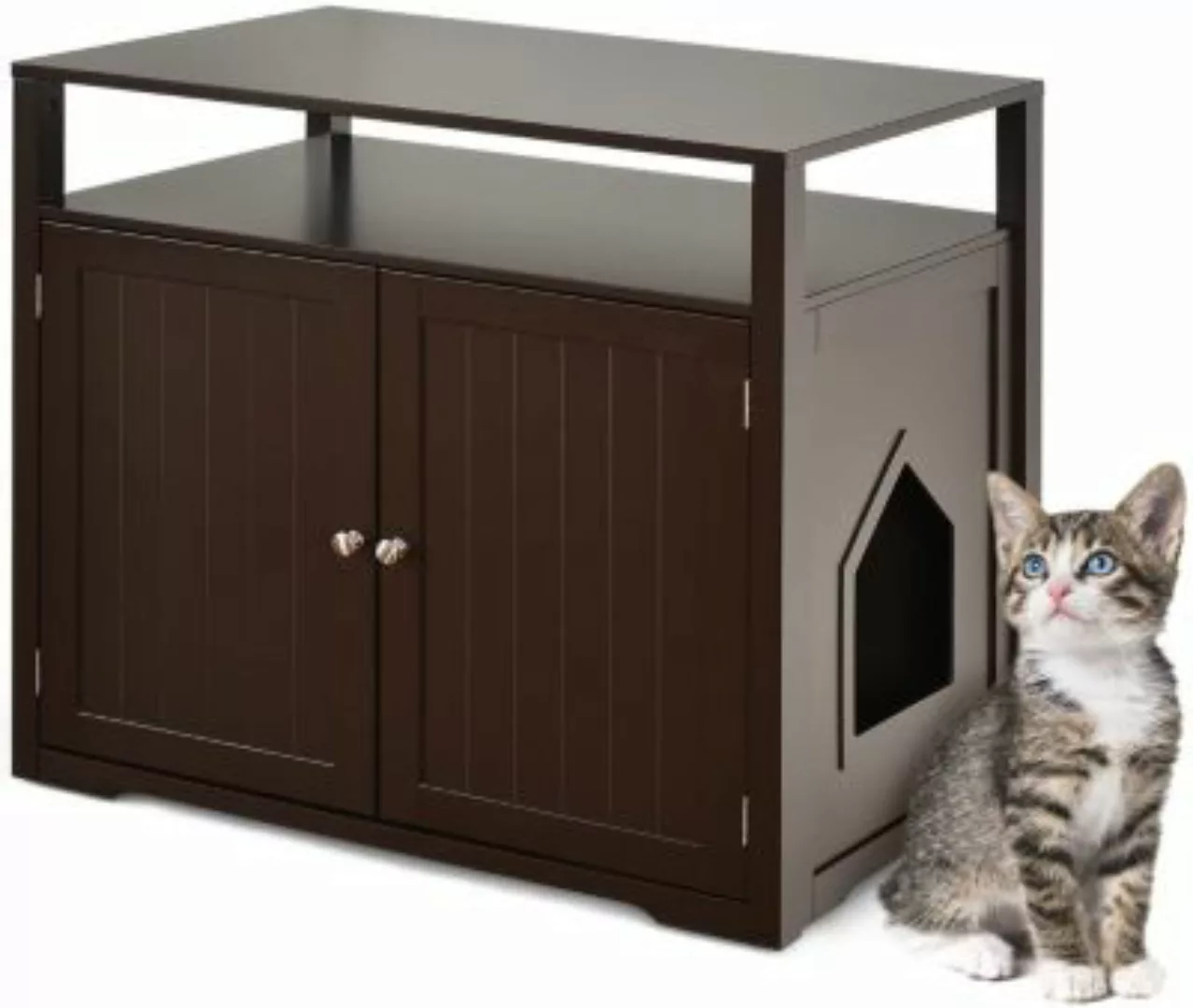 COSTWAY® Katzenhaus Katzenklo Schrank mit Tür braun günstig online kaufen