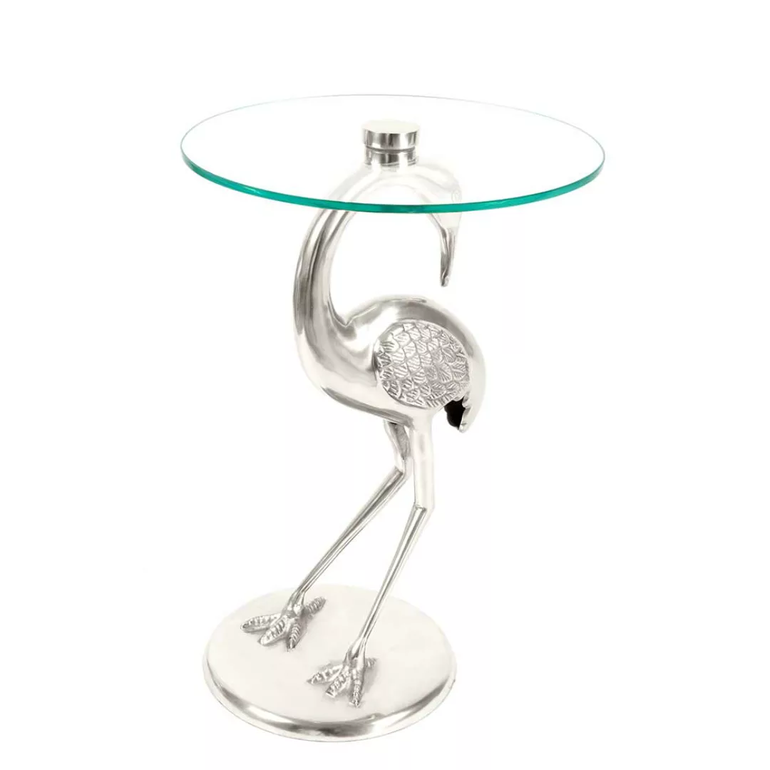 Design Beistelltisch mit runder Klarglasplatte Säulengestell in Vogelform günstig online kaufen