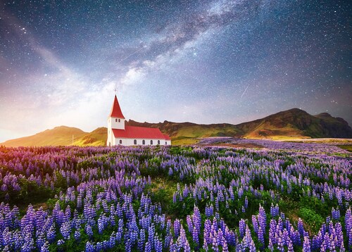 Papermoon Fototapete »BLUMEN-WIESE-FELD ISLAND KIRCHE STERNE HIMMEL BERGE« günstig online kaufen