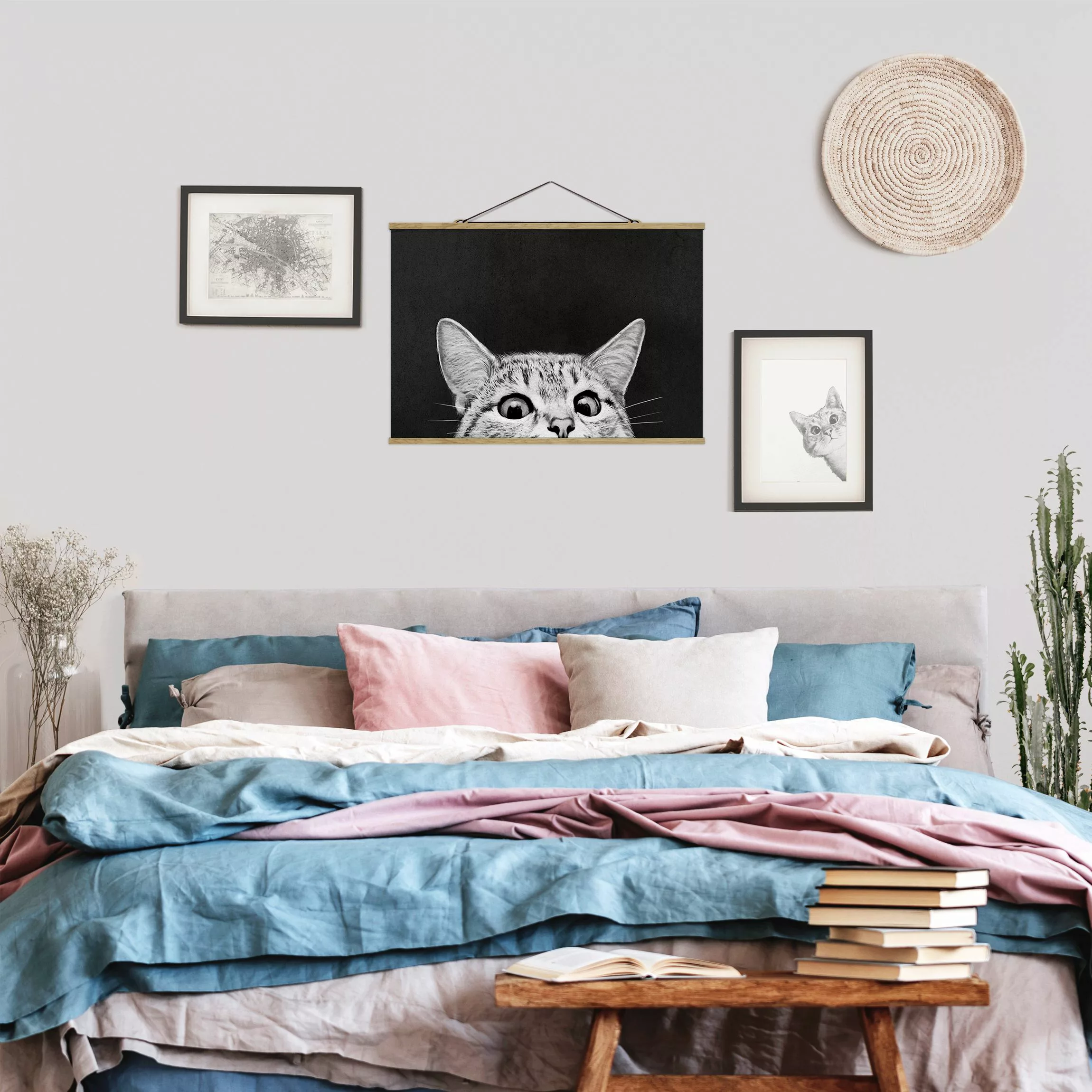 Stoffbild Tiere mit Posterleisten - Querformat Illustration Katze Schwarz W günstig online kaufen