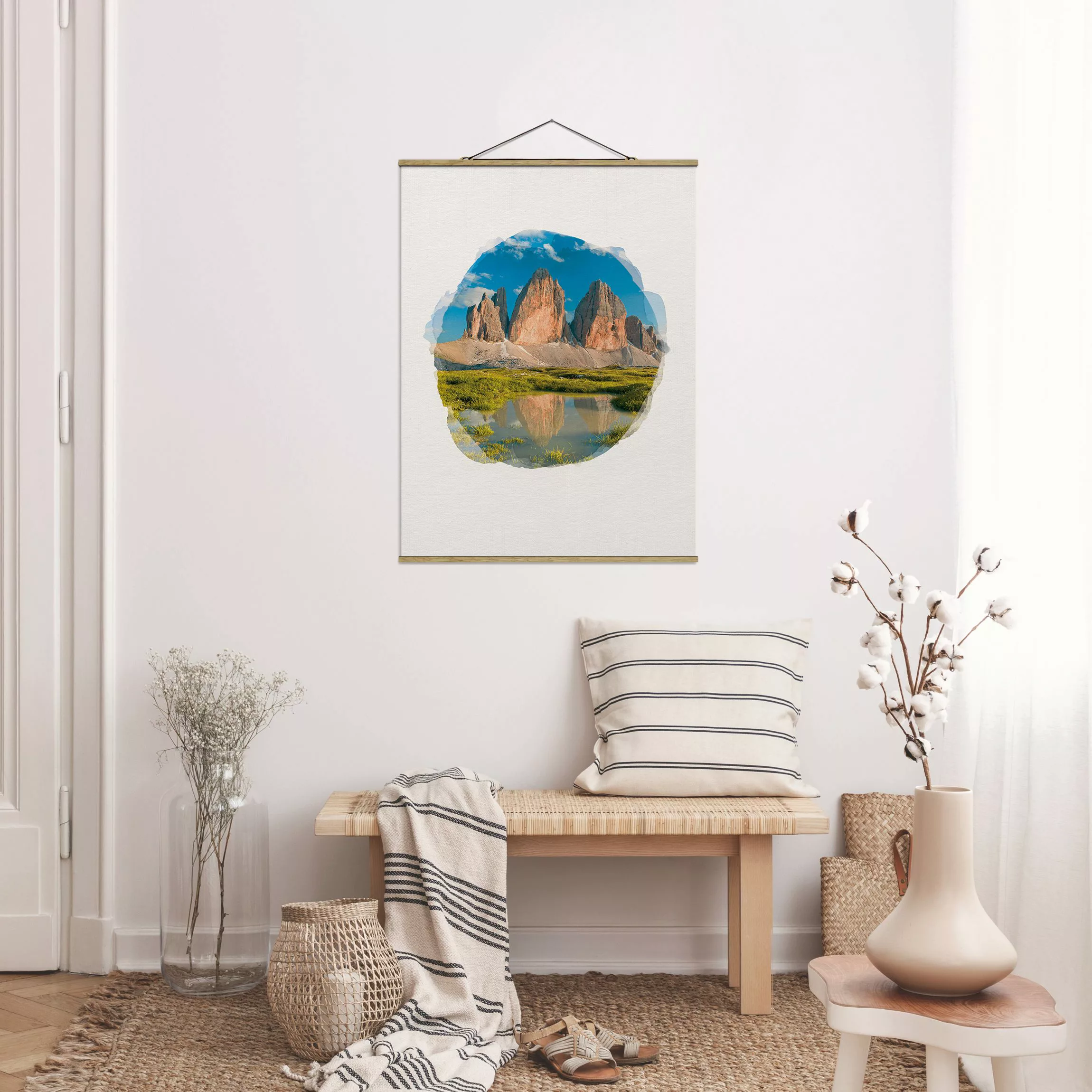 Stoffbild Berge mit Posterleisten - Hochformat Wasserfarben - Südtiroler Zi günstig online kaufen