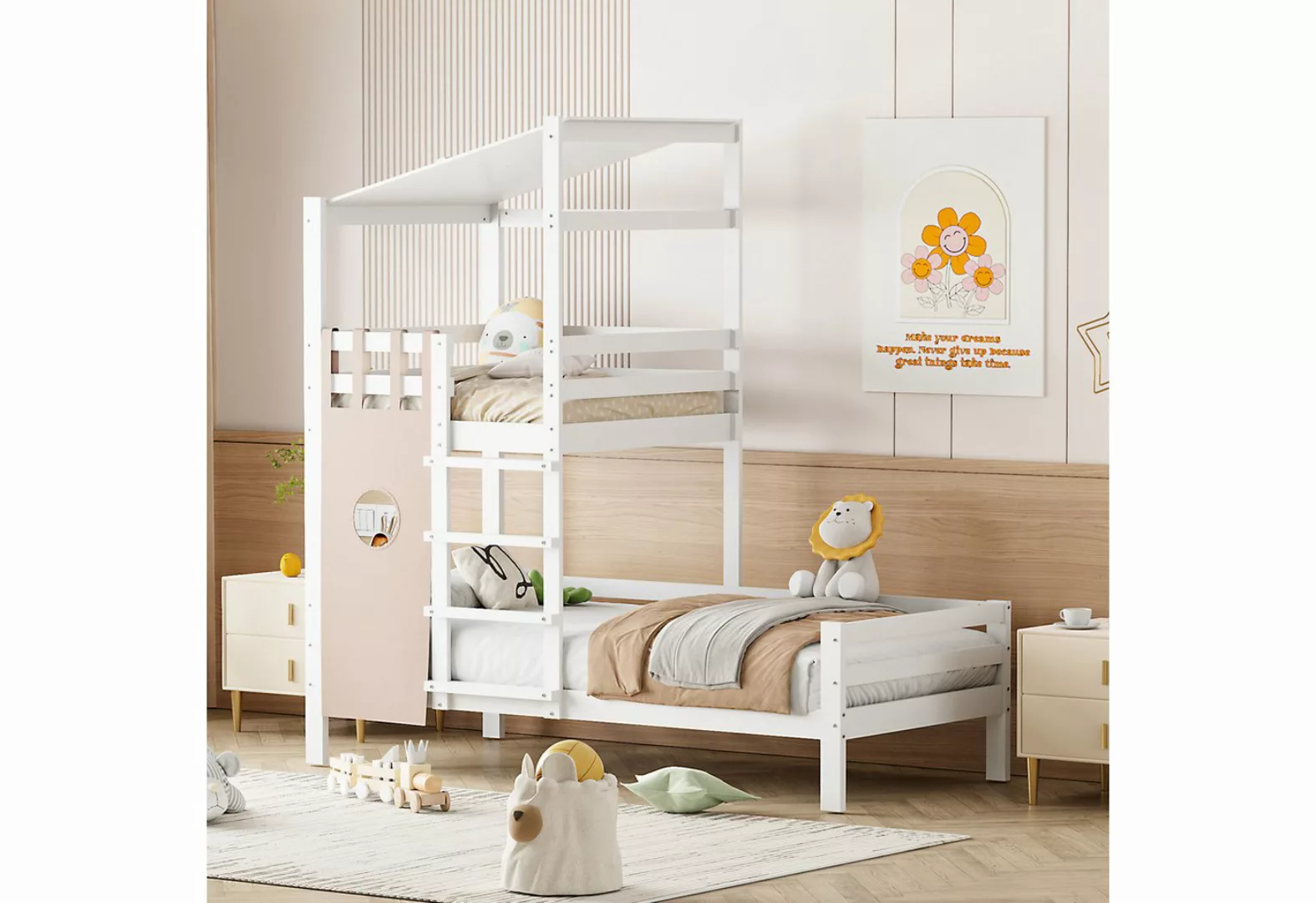 OKWISH Kinderbett Etagenbett mit Dach Premium Massivholzbett mit Lattenrost günstig online kaufen