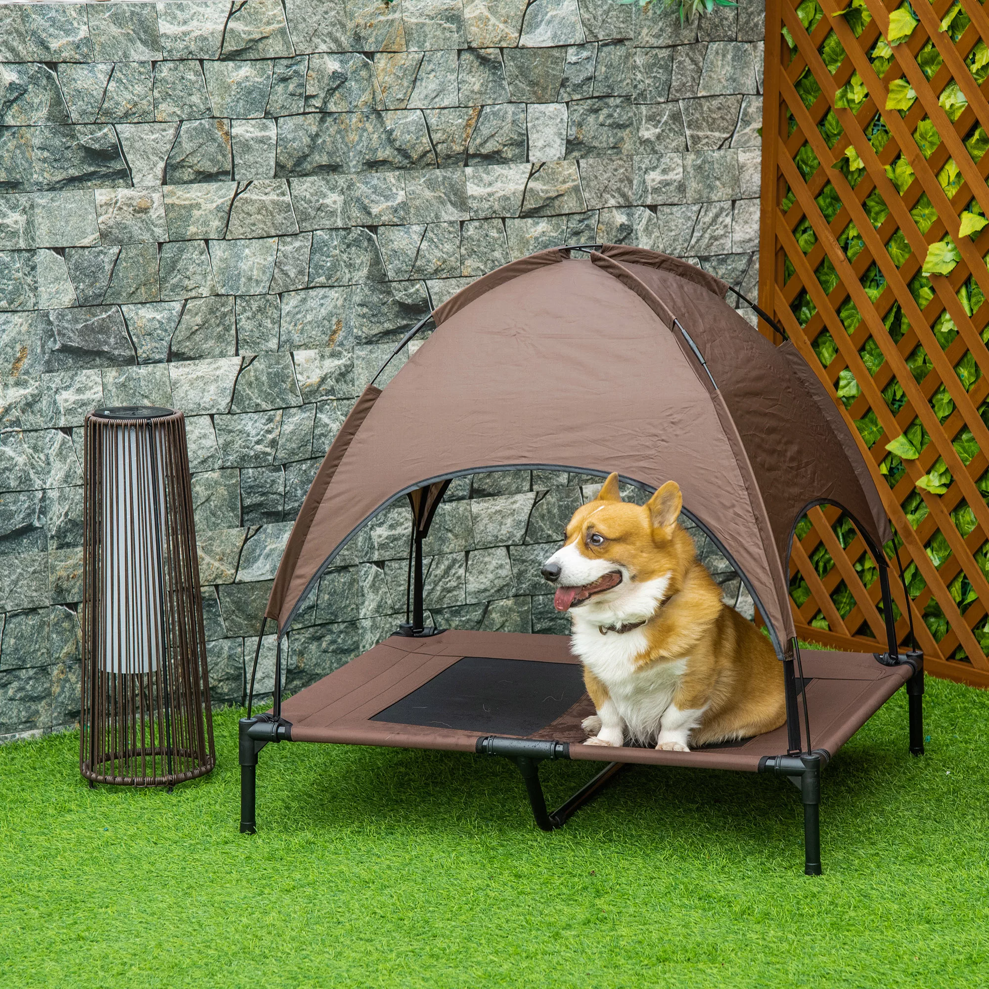 PawHut Erhöhtes Hundebett Outdoor mit Baldachin, atmungsaktiver Taftstoff i günstig online kaufen