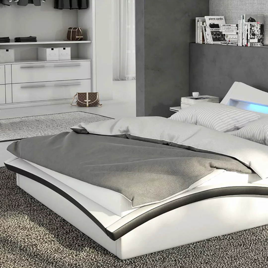 Niedriges Bett in Weiß und Schwarz Kunstleder LED Beleuchtung günstig online kaufen