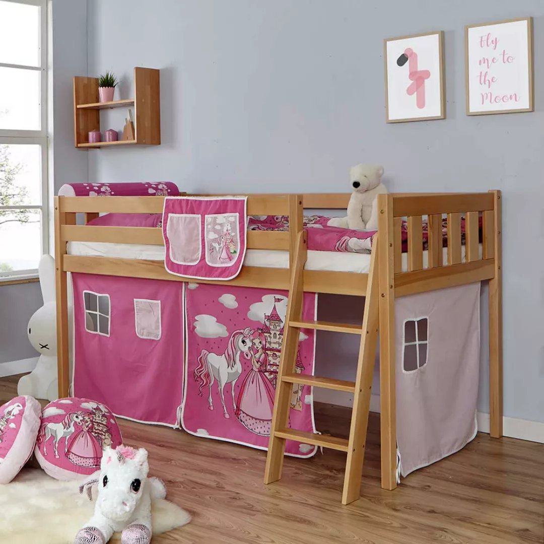 Kinderhochbett aus Buche Massivholz Webstoff in Pink und Rosa günstig online kaufen