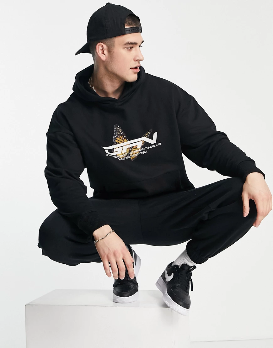 Good For Nothing – Oversize-Kapuzenpullover in Schwarz mit Schmetterlingspr günstig online kaufen