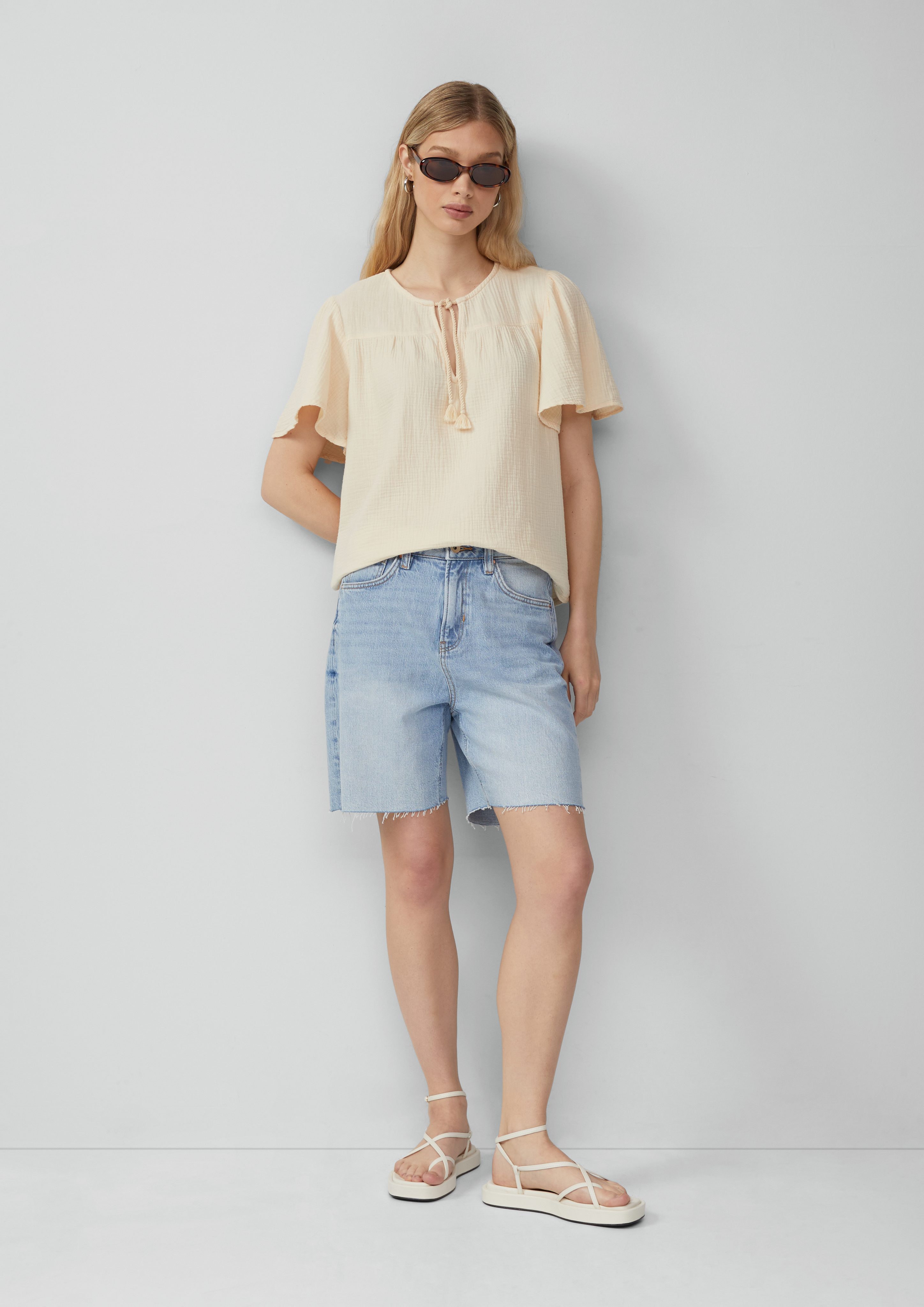 QS Kurzarmbluse Musselin-Bluse mit Bindeband günstig online kaufen