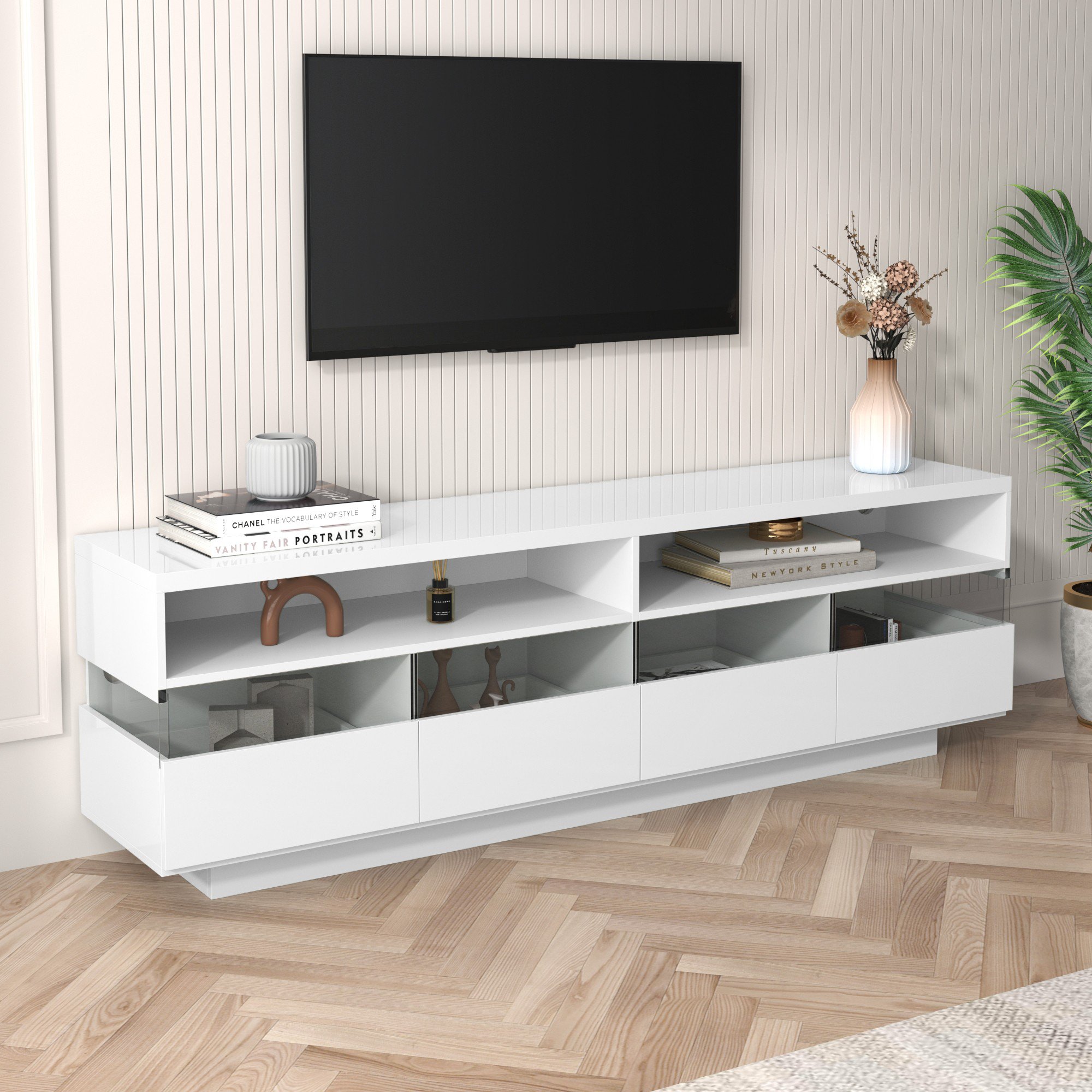 Hochglanz-TV-Schrank mit LED-Beleuchtung, zwei Fächern und vier Schubladen, günstig online kaufen