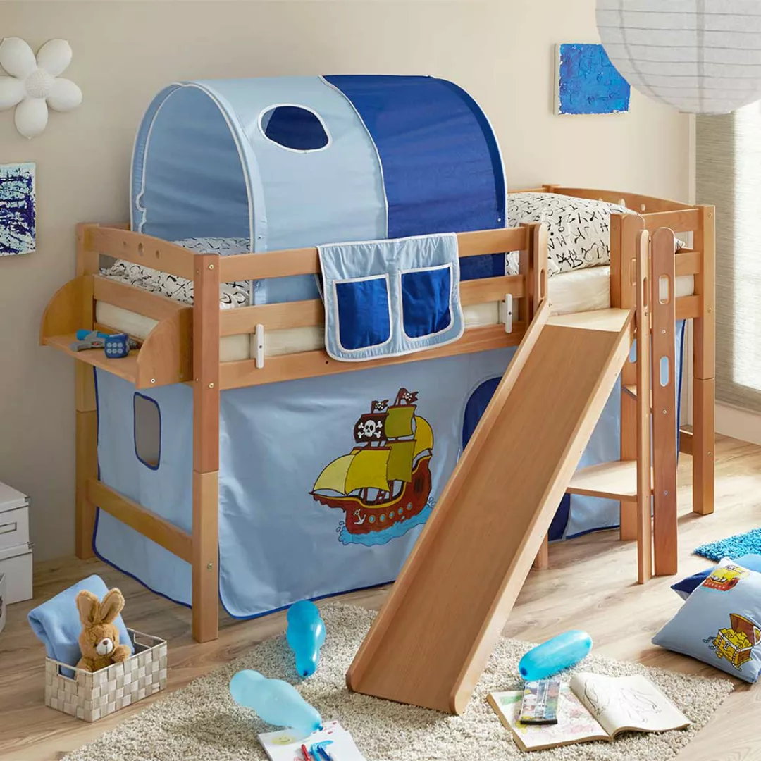 Piraten Kinderbett in Blau Rutsche günstig online kaufen