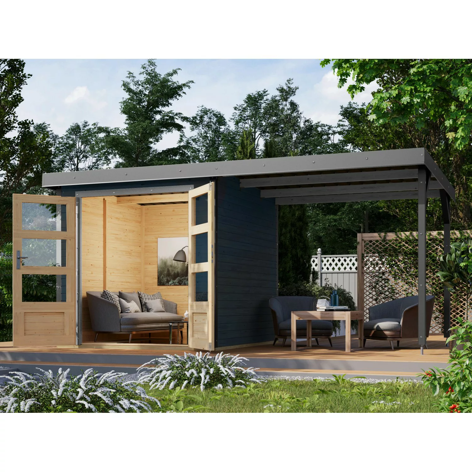 Karibu Gartenhaus Set Ernesto C Anthrazit-Staubgrau mit Anbaudach 4,45 m² günstig online kaufen