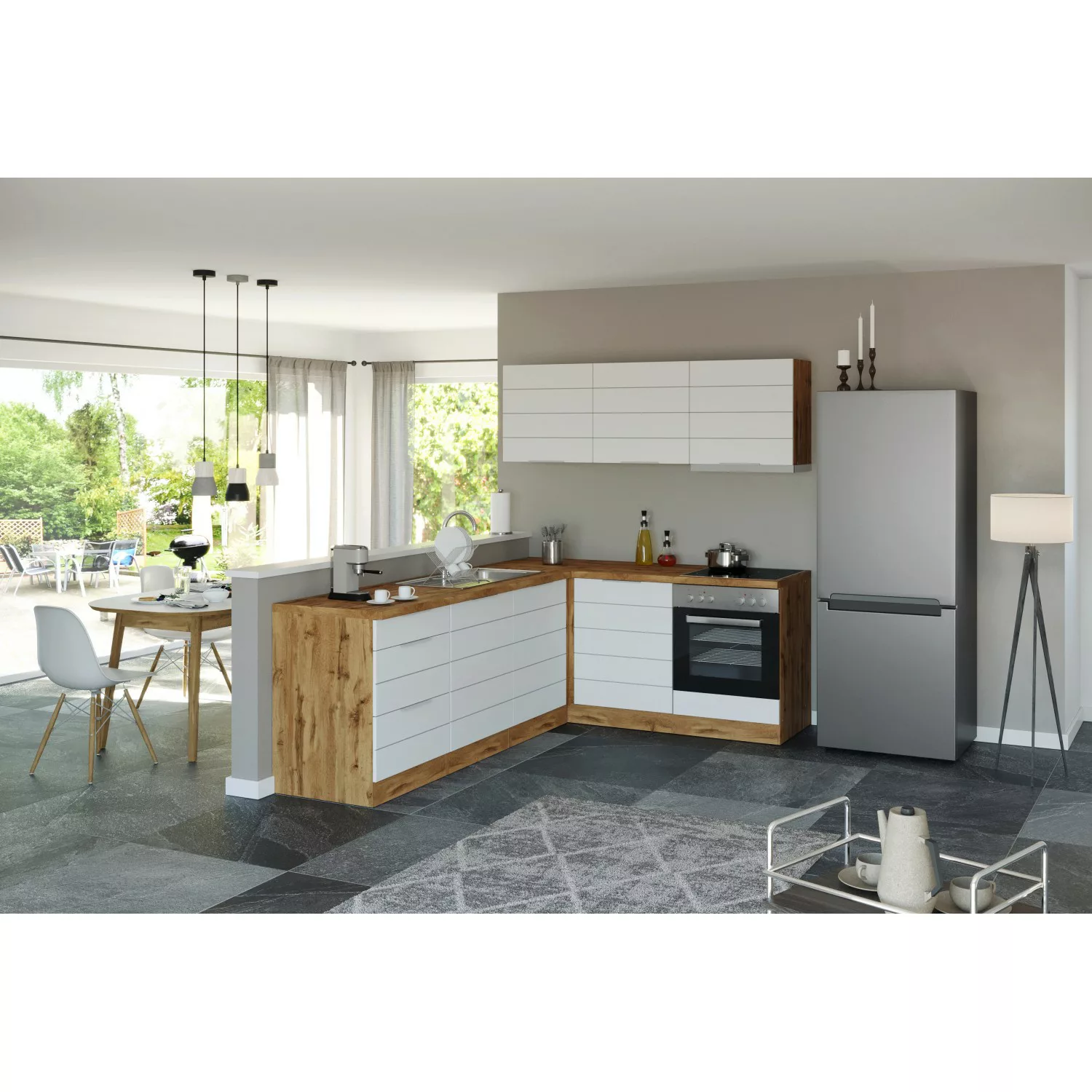 Held Möbel Winkelküche 240 cm - 180 cm Matt Weiß-Wotaneiche ohne E-Geräte günstig online kaufen
