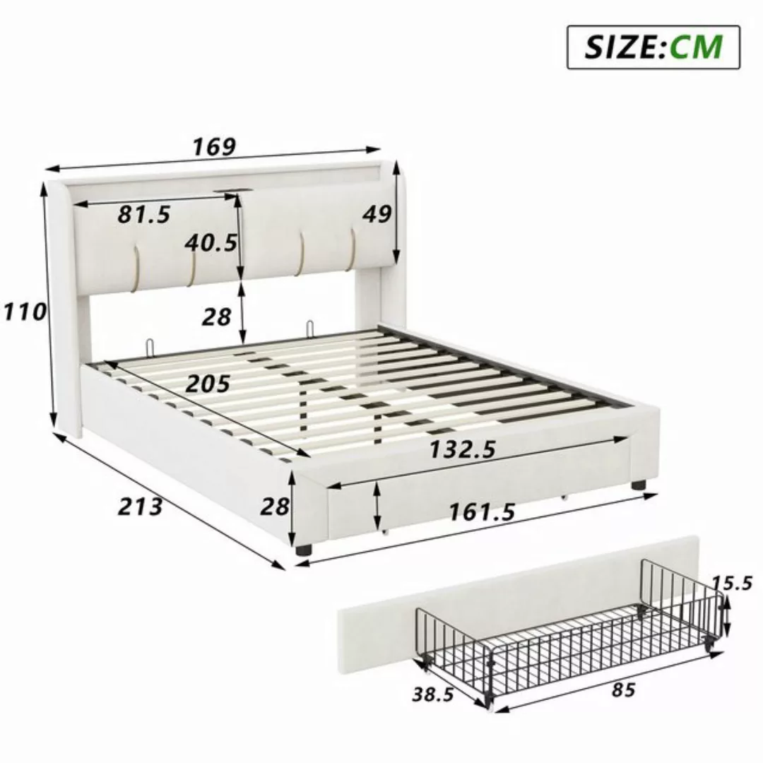 Furnishings Home Polsterbett mit LED-Licht + USB-Anschluss + Stauraum + 1 S günstig online kaufen