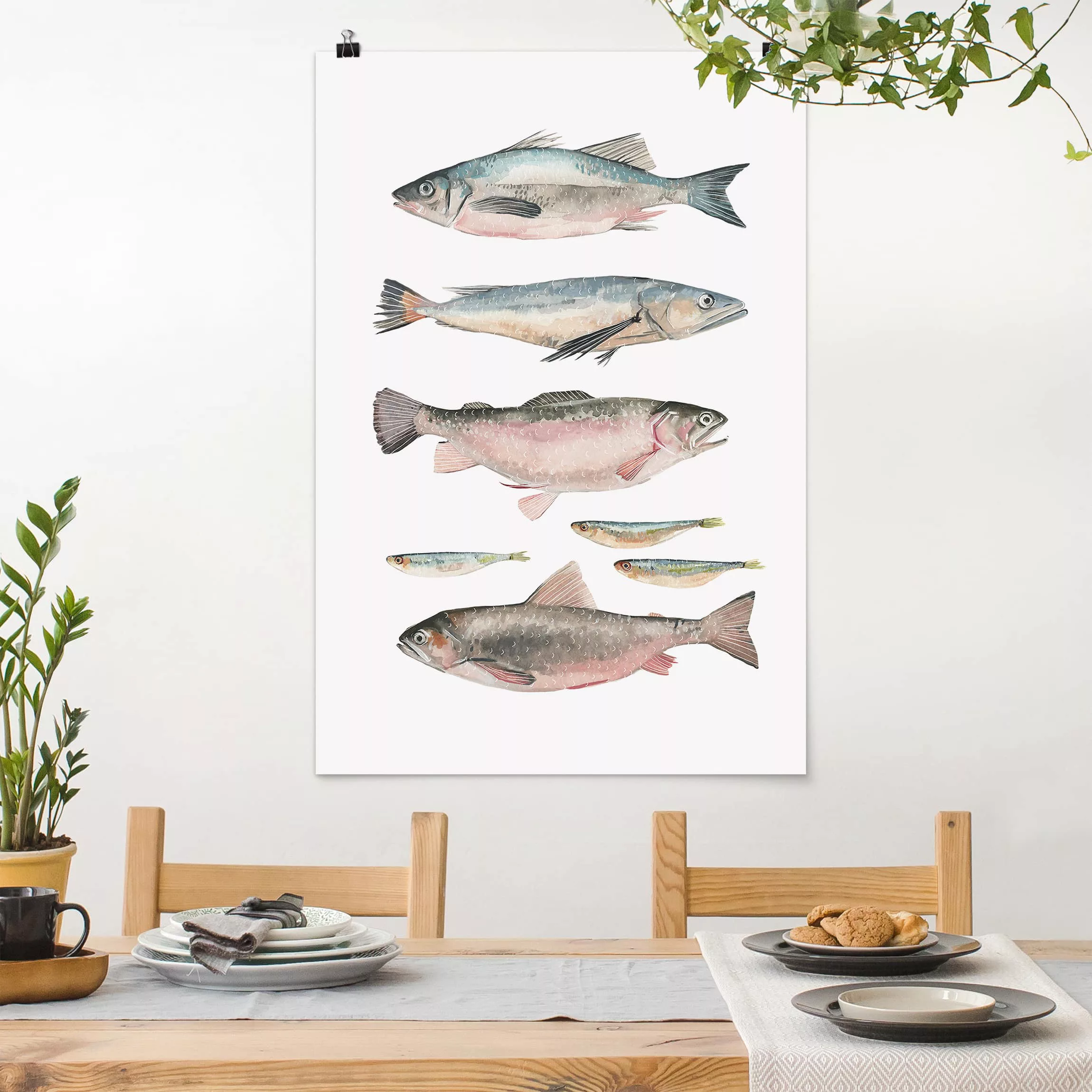 Poster Küche - Hochformat Sieben Fische in Aquarell I günstig online kaufen