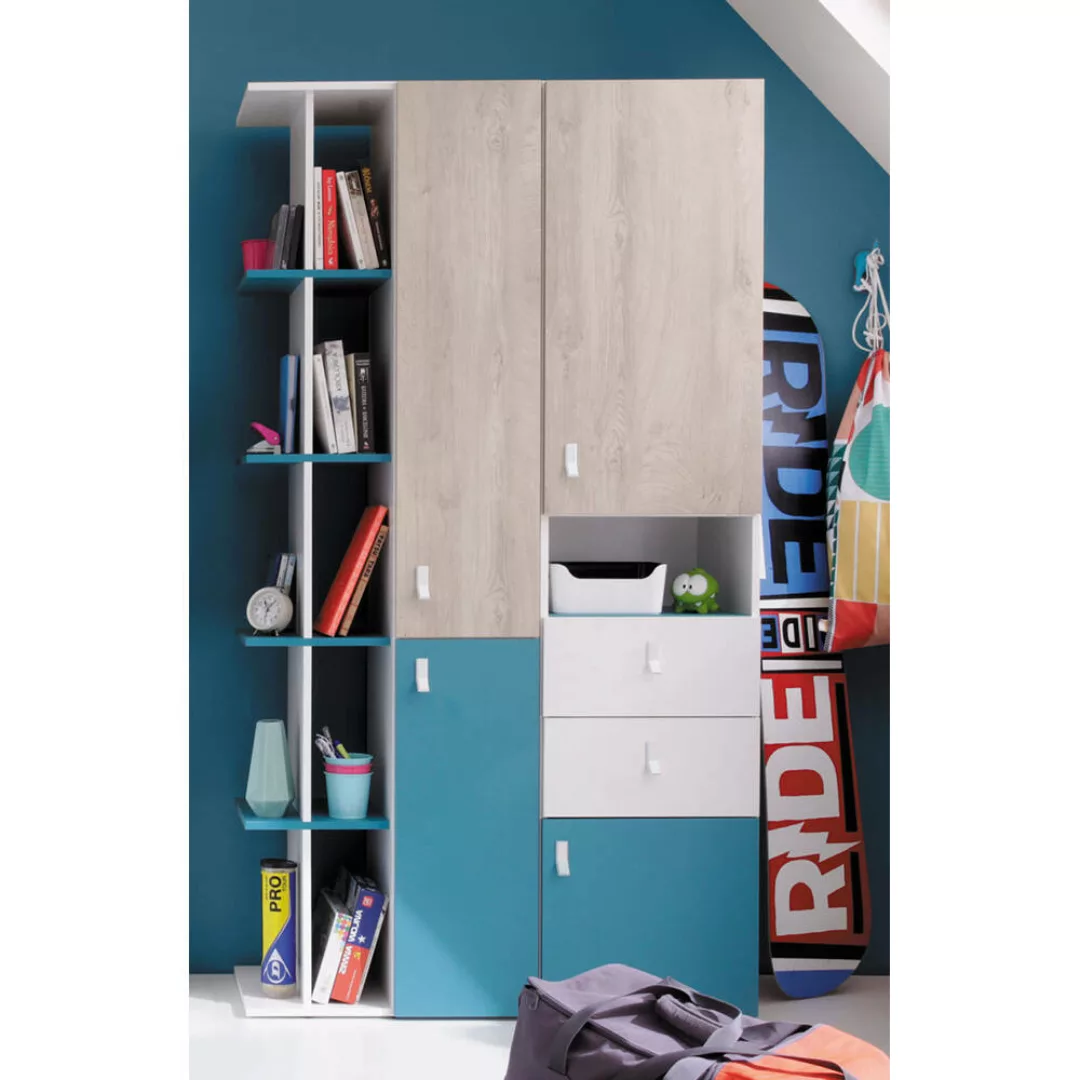 Jugendzimmer Schrankset 2-teilig PITTSBURGH-133 in weiß mit Eiche und blau günstig online kaufen
