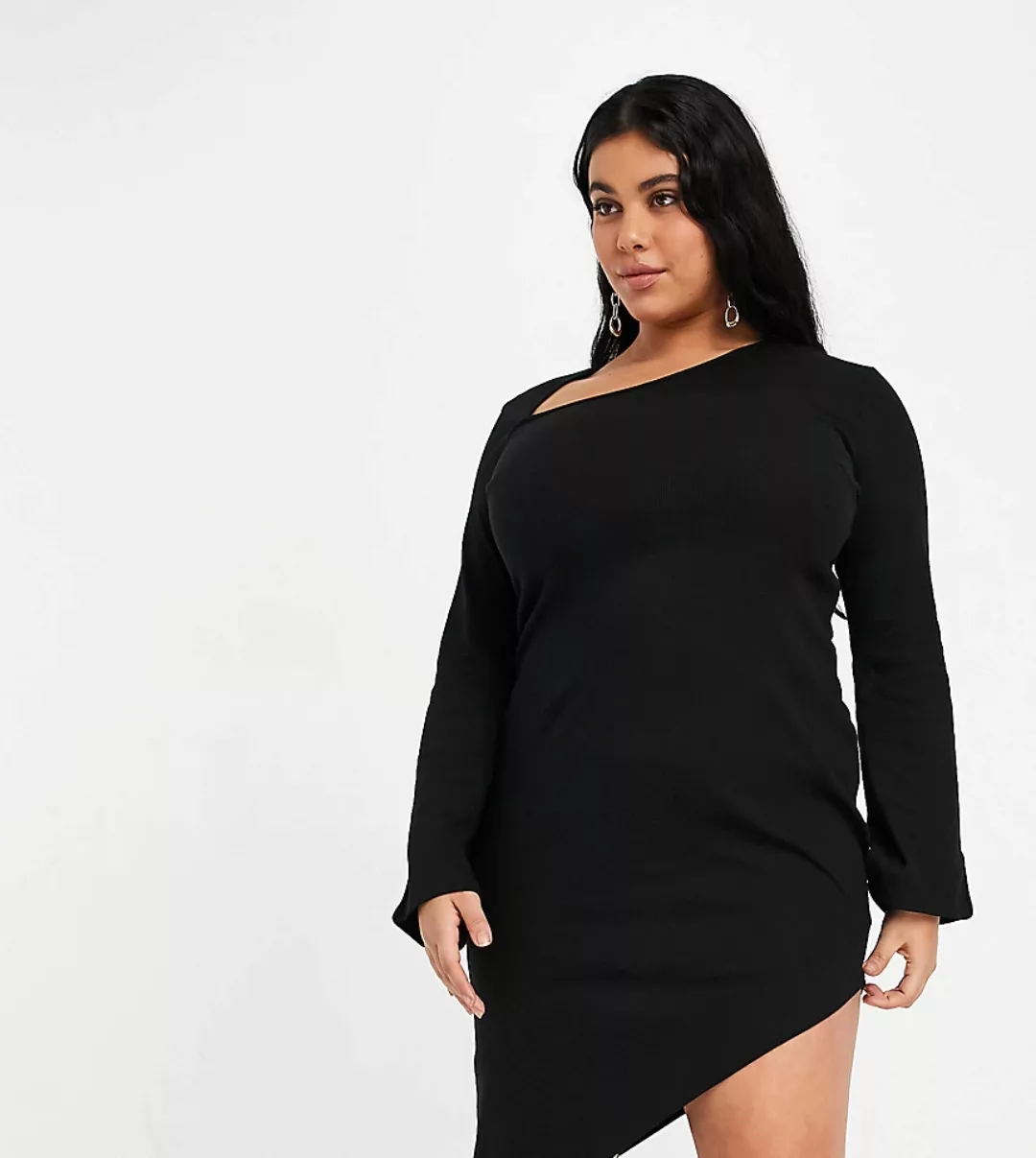 NaaNaa Plus – Bodycon-Kleid in Schwarz mit langen Ärmeln und Zierausschnitt günstig online kaufen
