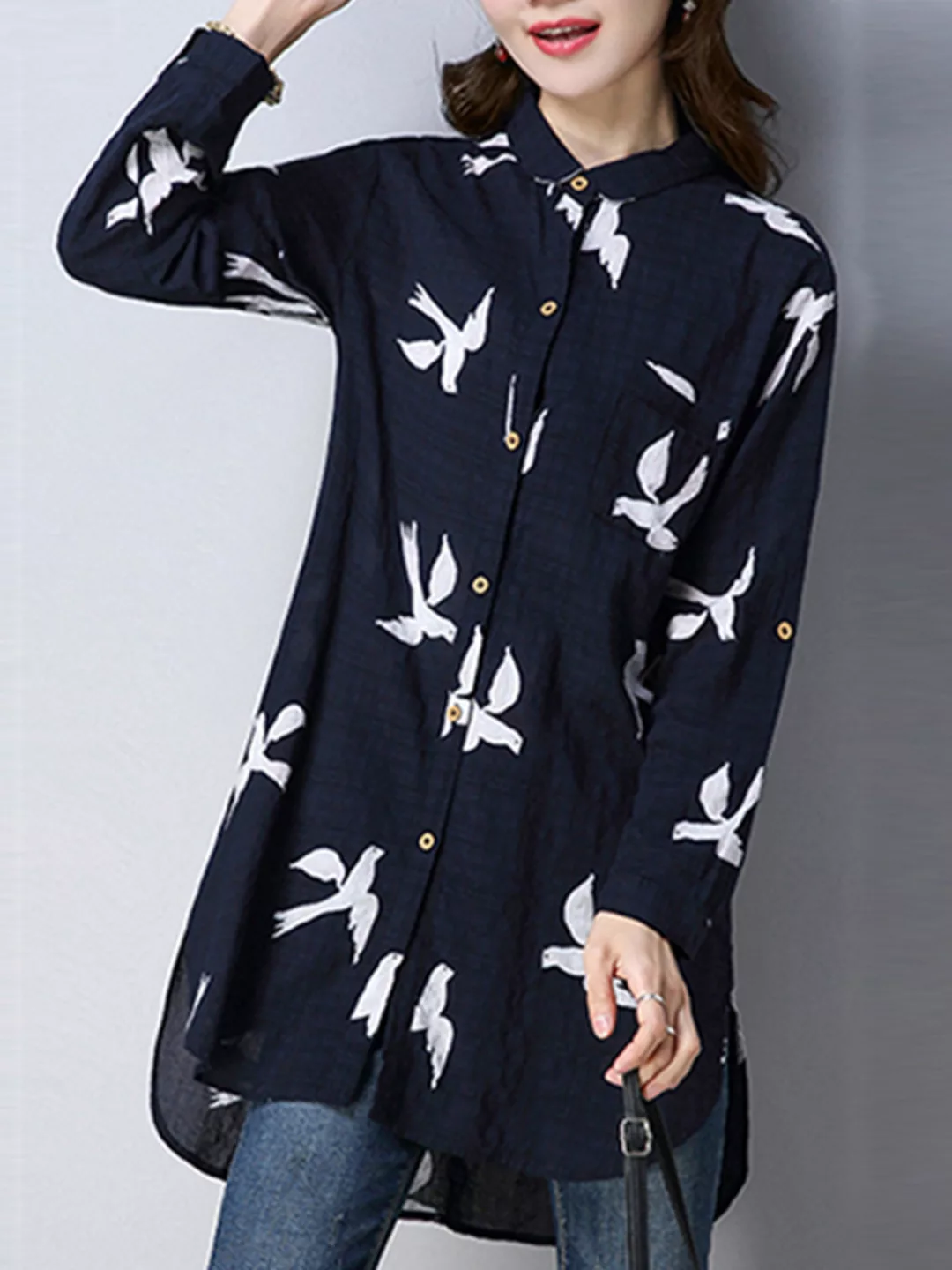 Print Turn-Down Collar Buttons Langarmhemd für Damen günstig online kaufen