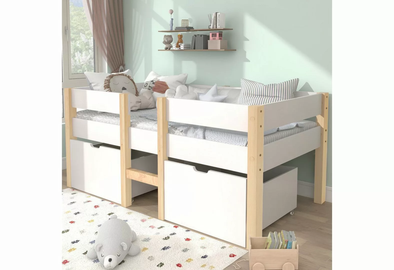Tongtong Kinderbett mit Rausfallschutz, Kiefer-Vollholz-90*190/200 cm-Weiß günstig online kaufen