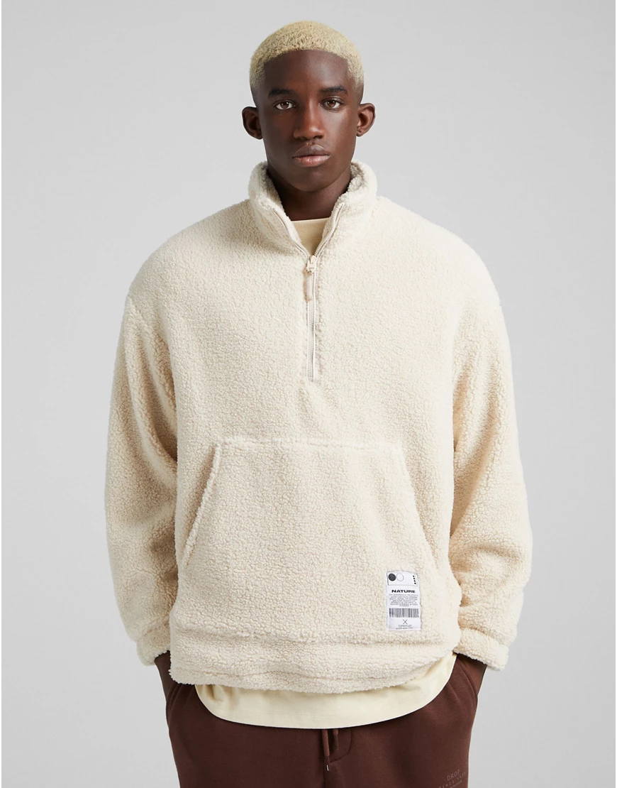 Bershka – Oversize-Pullover mit Teddyfellstoff und Halbreißverschluss in Be günstig online kaufen