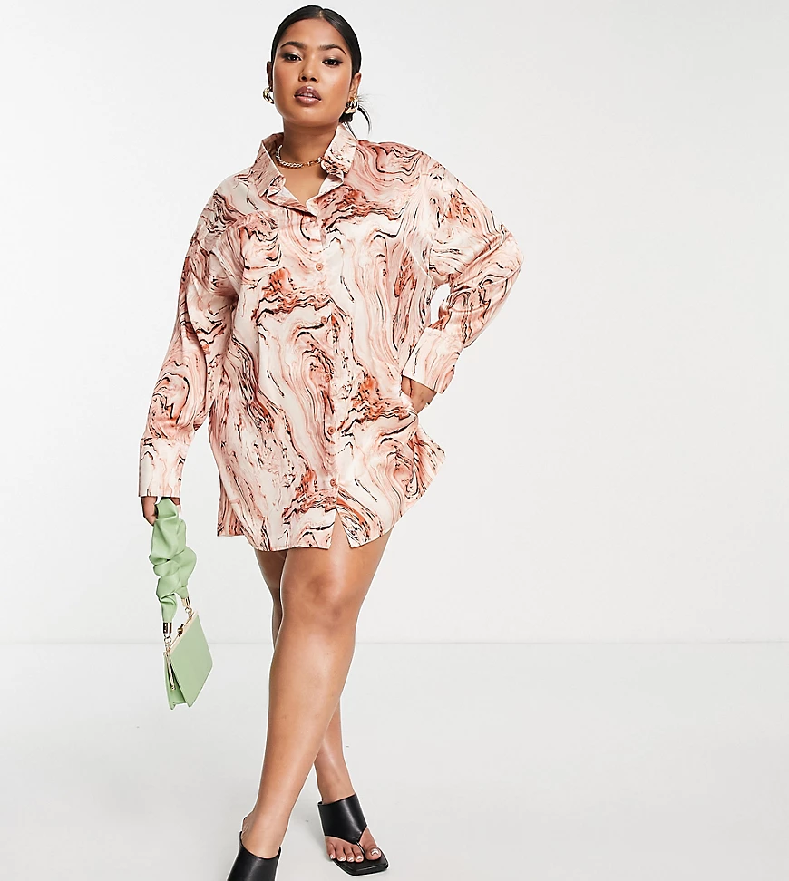 Public Desire Curve – Oversize-Hemdkleid aus Satin in Braun marmoriert-Mehr günstig online kaufen