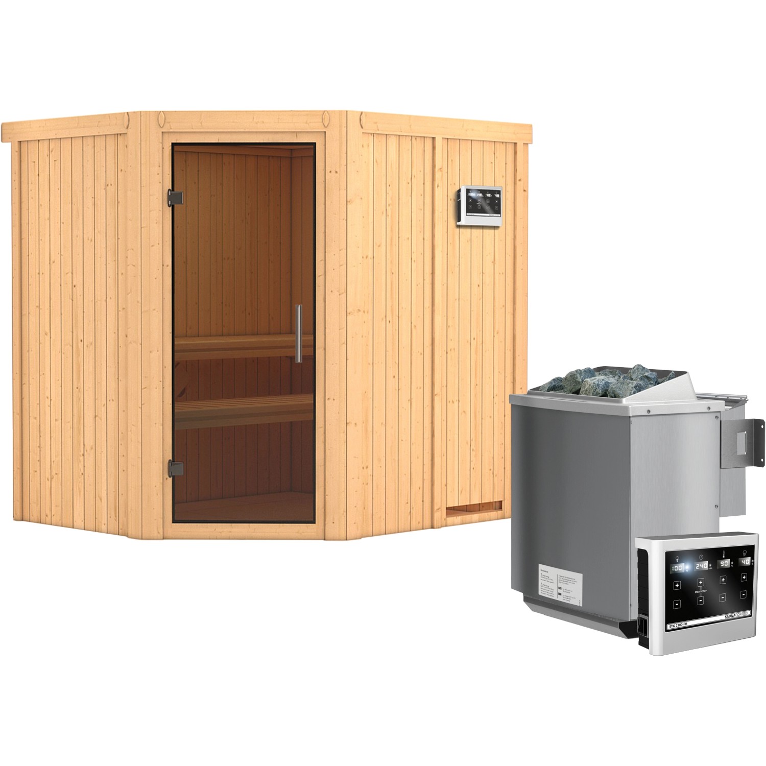 Karibu Sauna-Set Swenna inkl. Bio-Ofen 9 kW mit ext. Steuerung, Tür Graphit günstig online kaufen