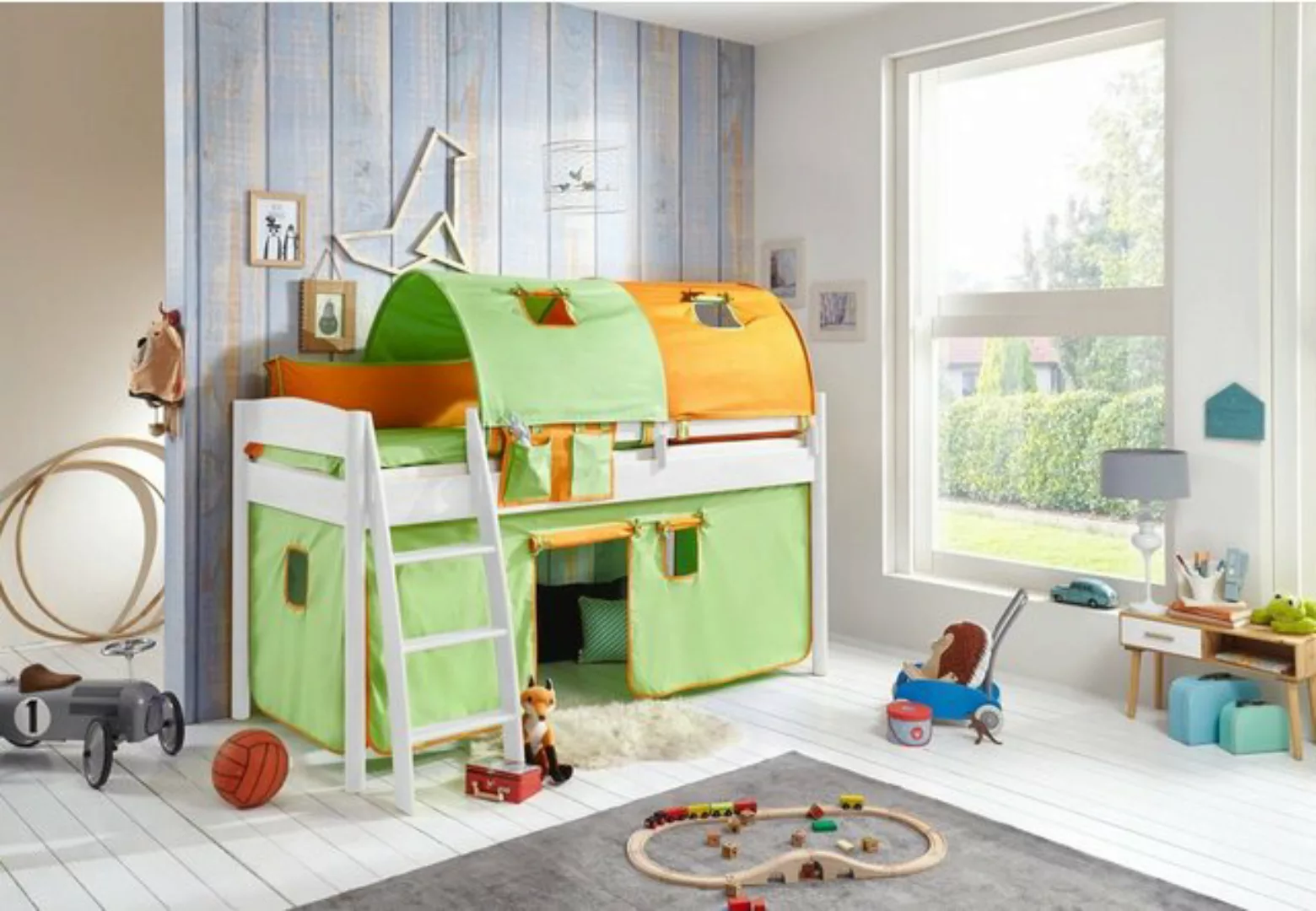 Natur24 Kinderbett Halbhohes Einzelbett Mischelle Buche lackiert 90x200cm günstig online kaufen