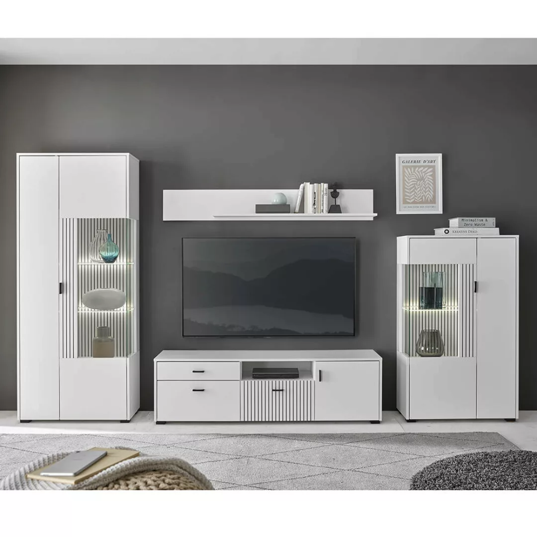 Wohnzimmer Wohnwand mit 150cm Lowboard weiß matt schwarz gerillt HUNTER-61, günstig online kaufen