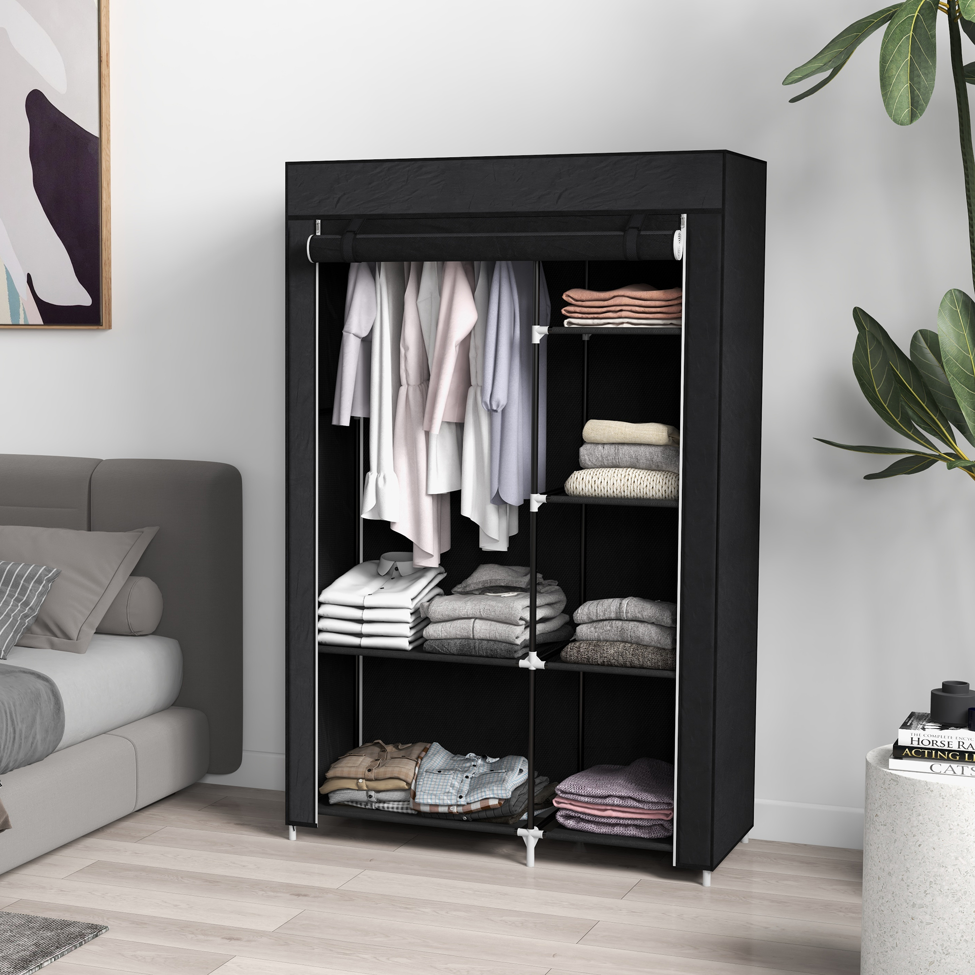 HOMCOM Stoffkleiderschrank 6 Fächer Vliesoptik Faltgarderobe Schwarz 103x43 günstig online kaufen