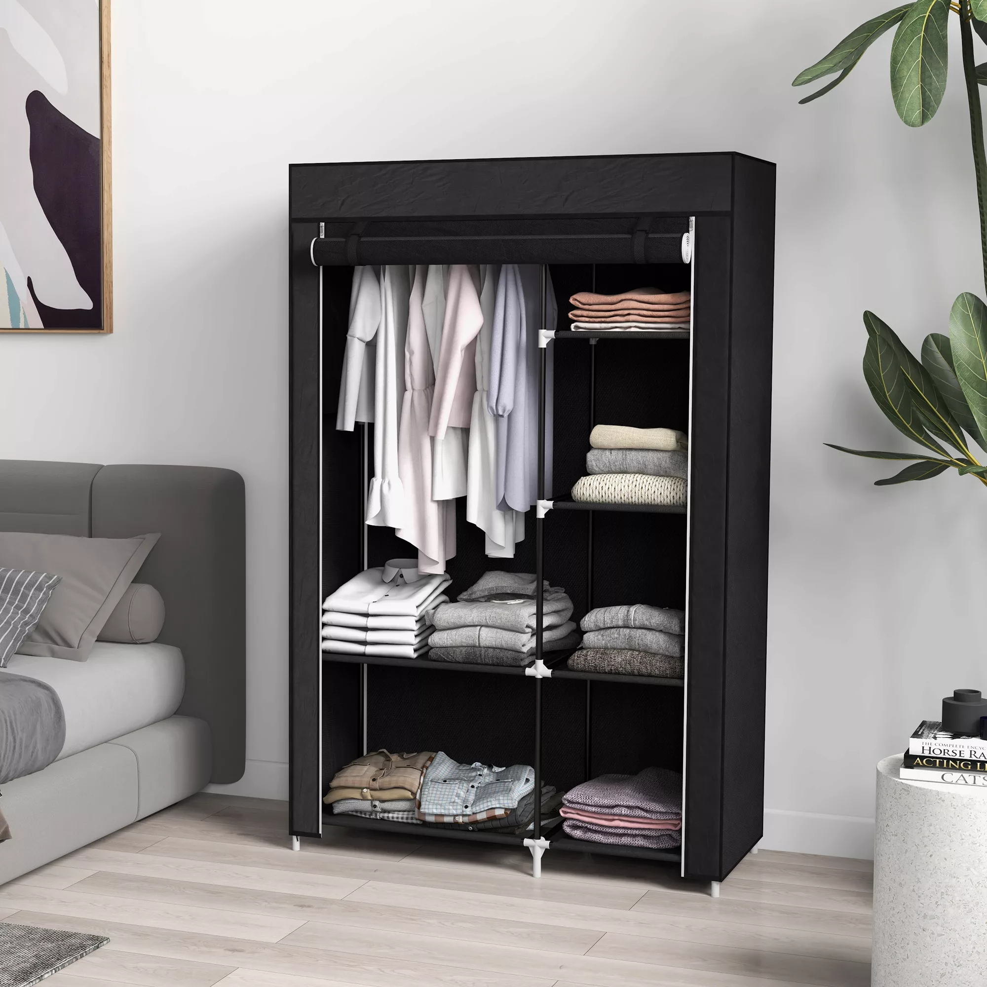 HOMCOM Stoffkleiderschrank 6 Fächer Vliesoptik Faltgarderobe Schwarz 103x43 günstig online kaufen