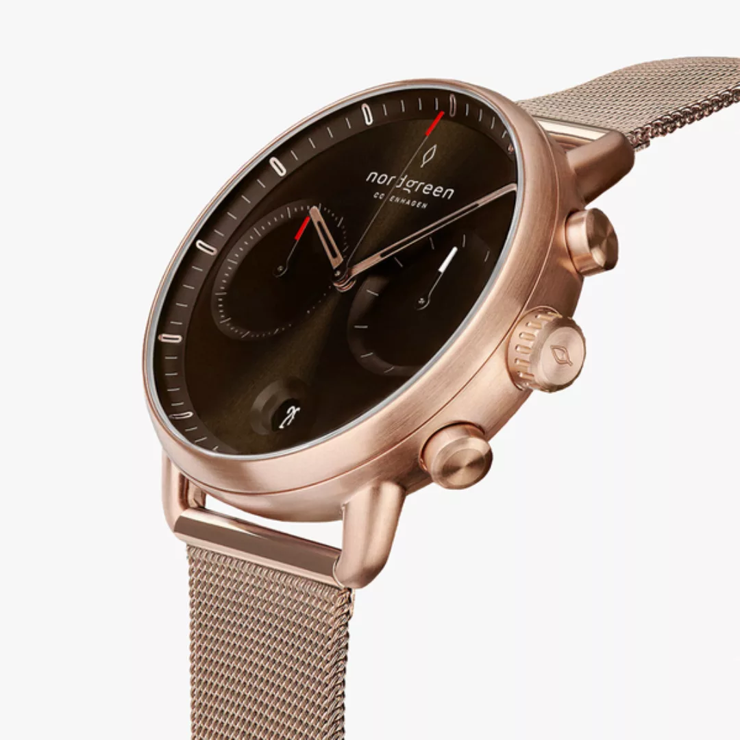 Chronograph Pioneer Roségold Uhr | Brown Sunray Ziffernblatt - Mesharmband günstig online kaufen