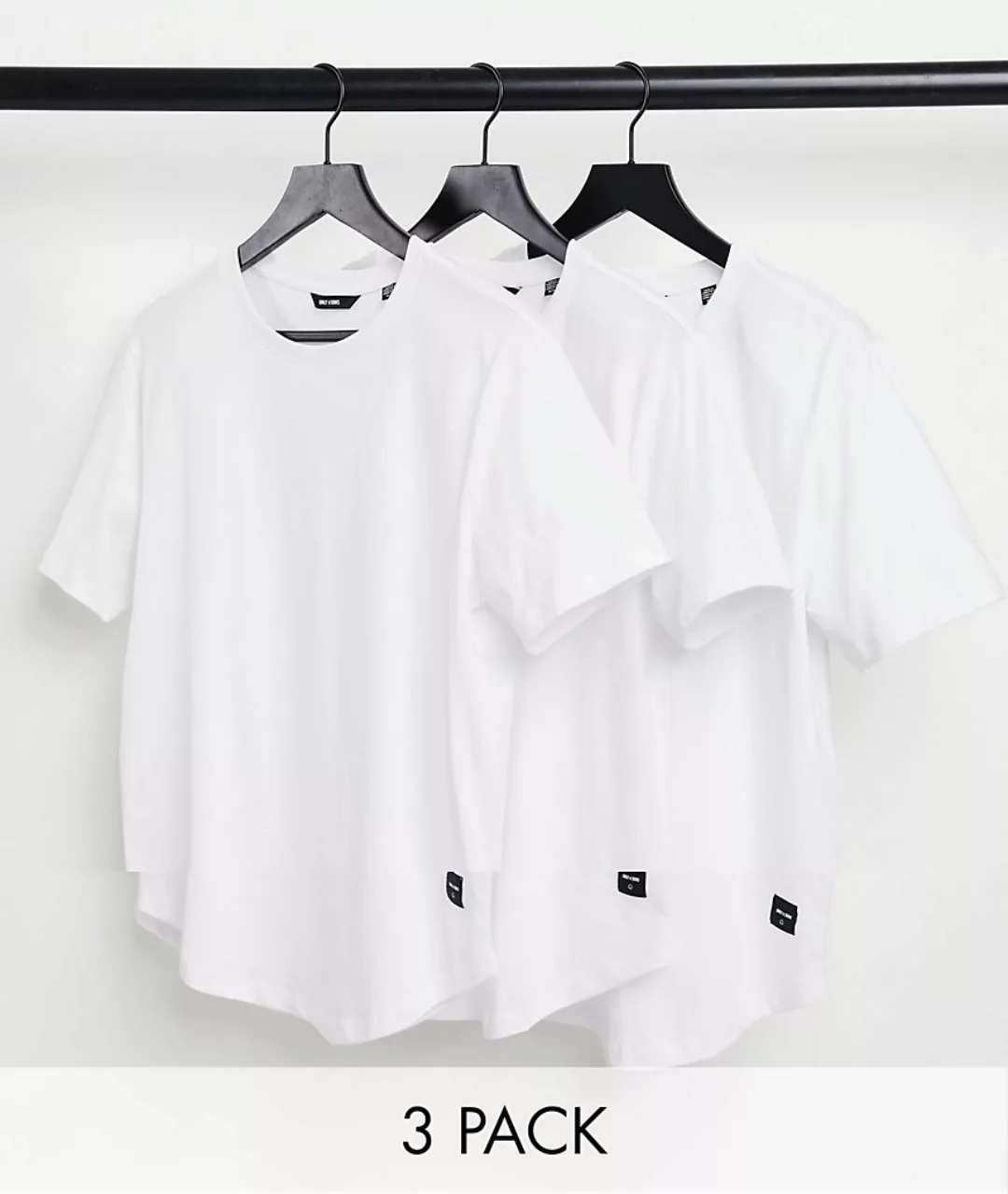 Only & Sons – Longline-Shirt mit abgerundetem Saum in Weiß im 3er-Pack günstig online kaufen