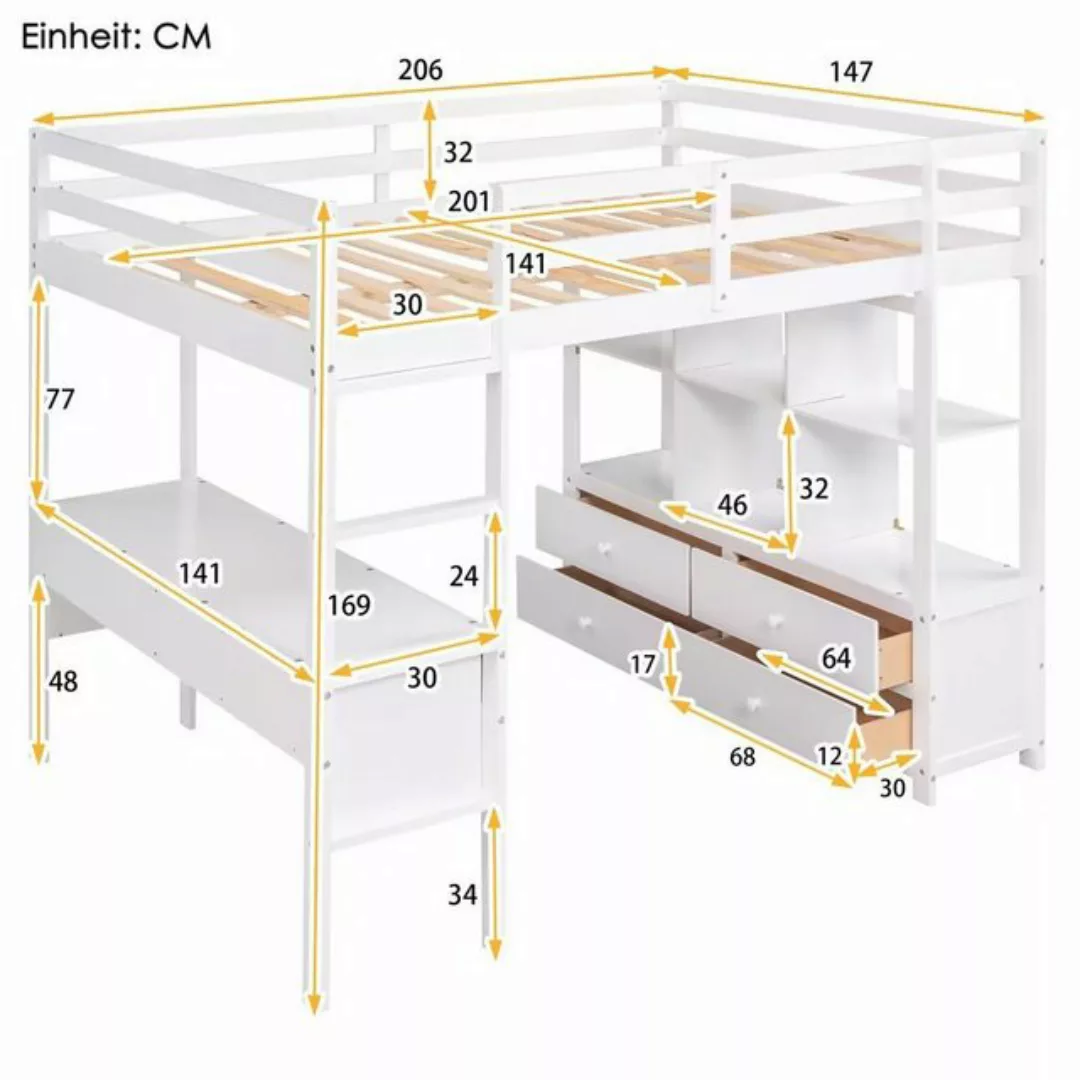 HAUSS SPLOE Hochbett 140 x 200cm mit Stauraumschubladen und Unterbettschrei günstig online kaufen