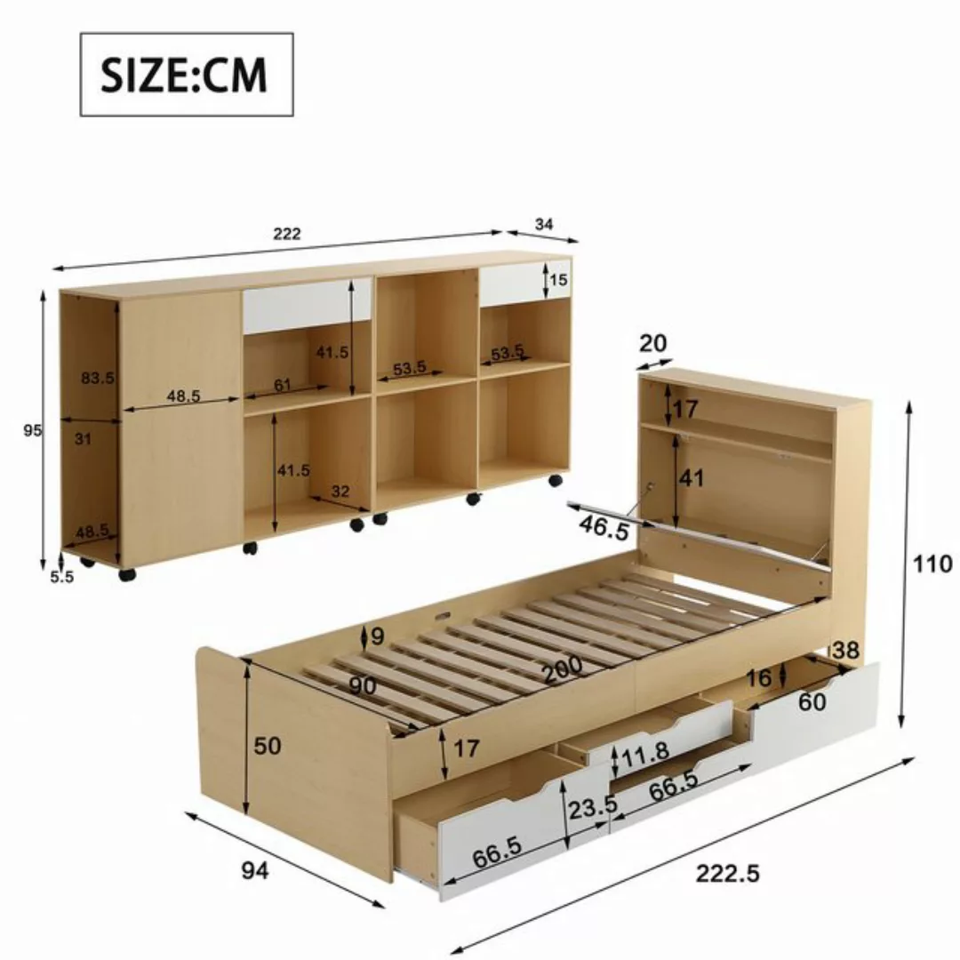 REDOM Einzelbett Stauraumbett (Paneelbett mit 4 Schubladen, 2 Schränke mit günstig online kaufen