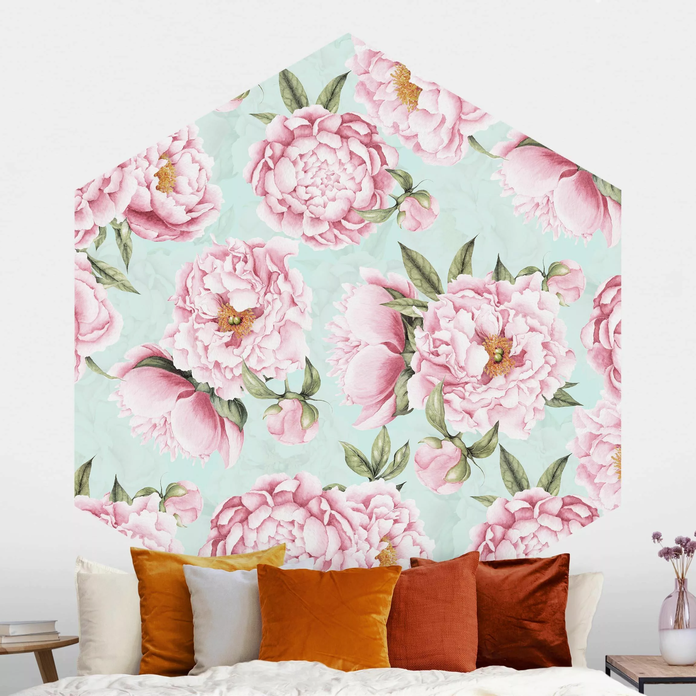 Hexagon Mustertapete selbstklebend Rosa Blumen auf Mint als Aquarell günstig online kaufen