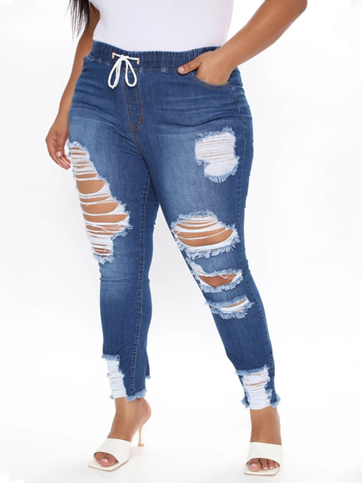 Zufällige Jeans mit zerrissenen Details in Übergröße in Blau günstig online kaufen
