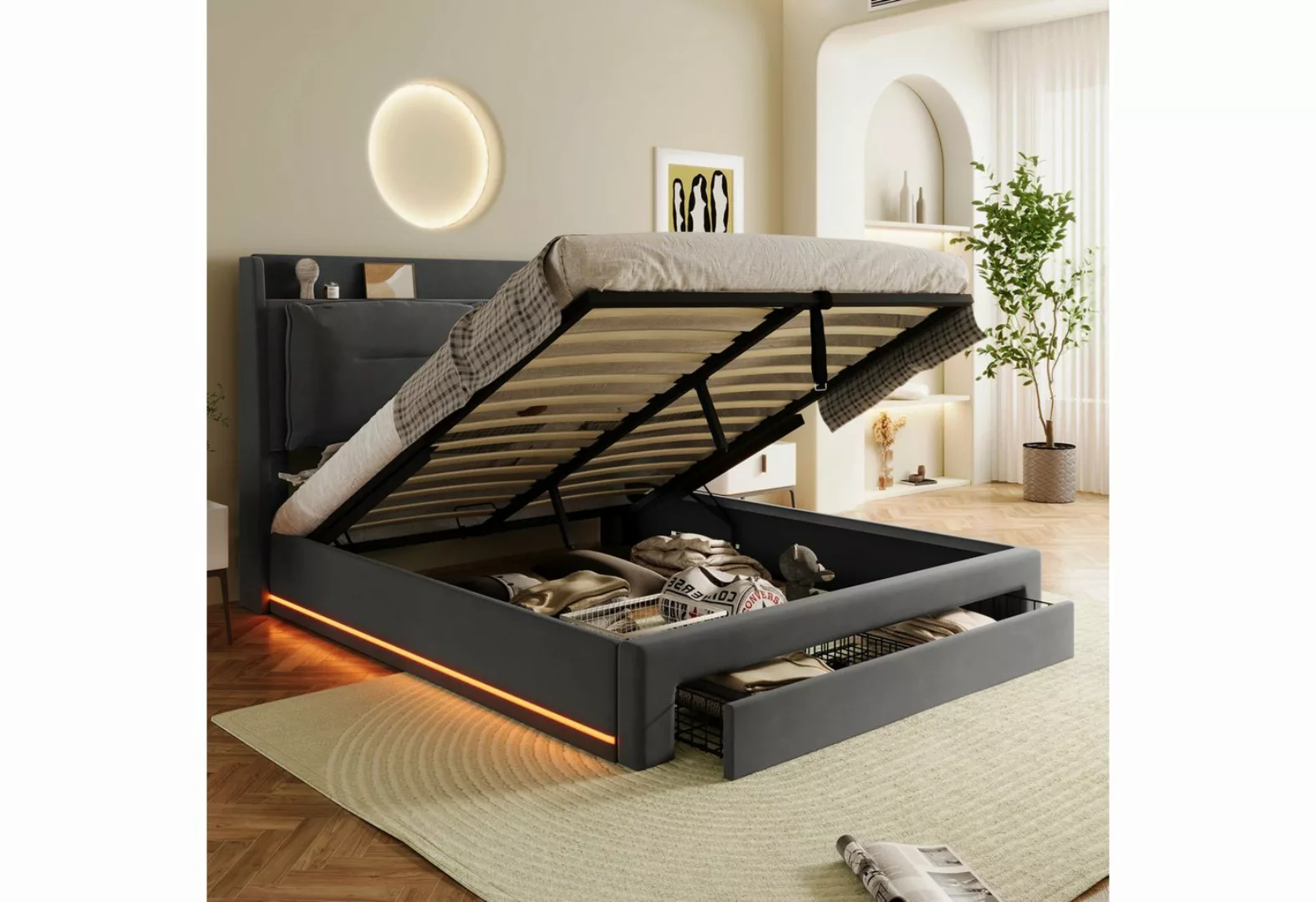 MODFU Polsterbett Hydraulisches Bett (LED-Licht-Polsterbett, mit Lattenrost günstig online kaufen