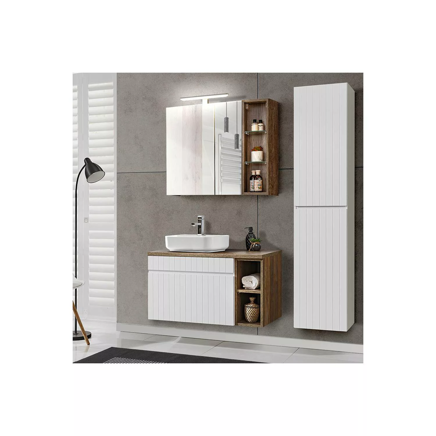 Badezimmermöbel Set in weiß matt mit Vintage Eiche Nb. IRAKLIO-56 inkl. Was günstig online kaufen