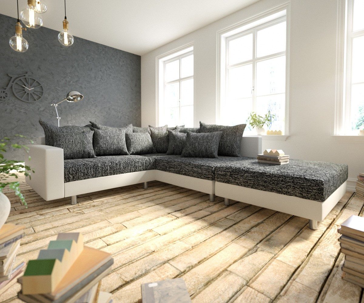 DELIFE Ecksofa Clovis, Weiss Schwarz Hocker günstig online kaufen
