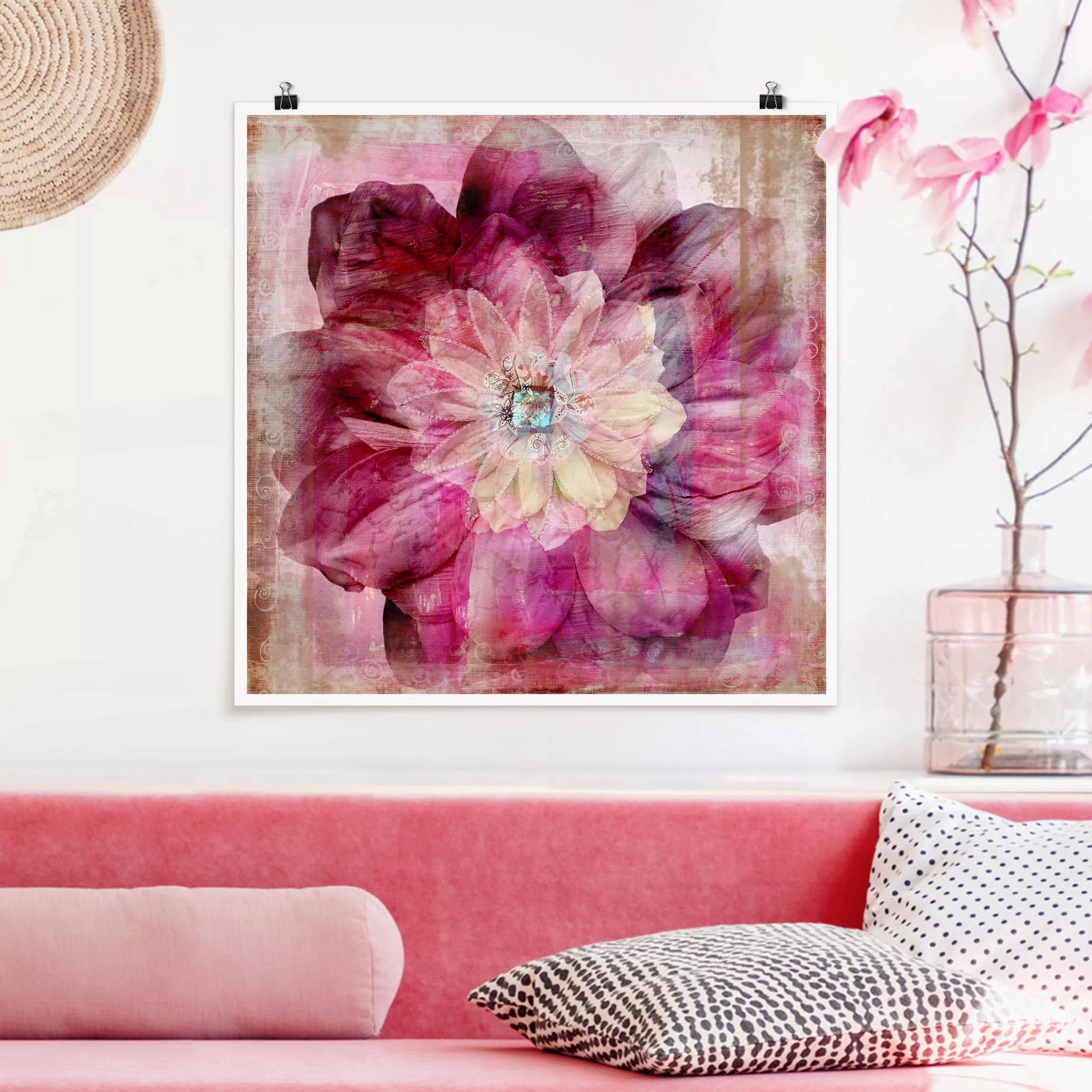 Poster Blumen - Quadrat Grunge Flower günstig online kaufen