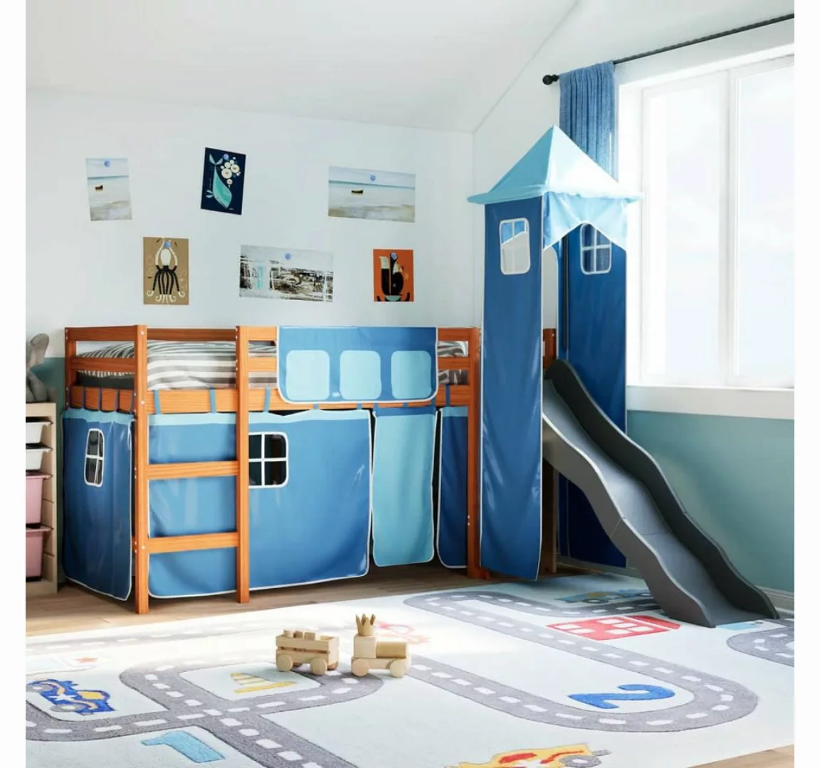 vidaXL Bett, Kinderhochbett mit Turm Blau 90x190 cm Massivholz Kiefer günstig online kaufen