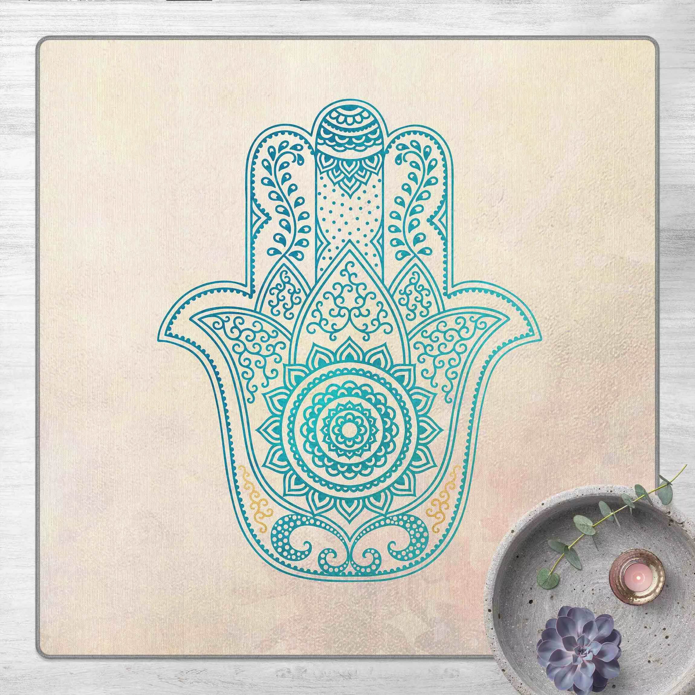 Teppich Hamsa Hand Illustration Mandala gold blau günstig online kaufen